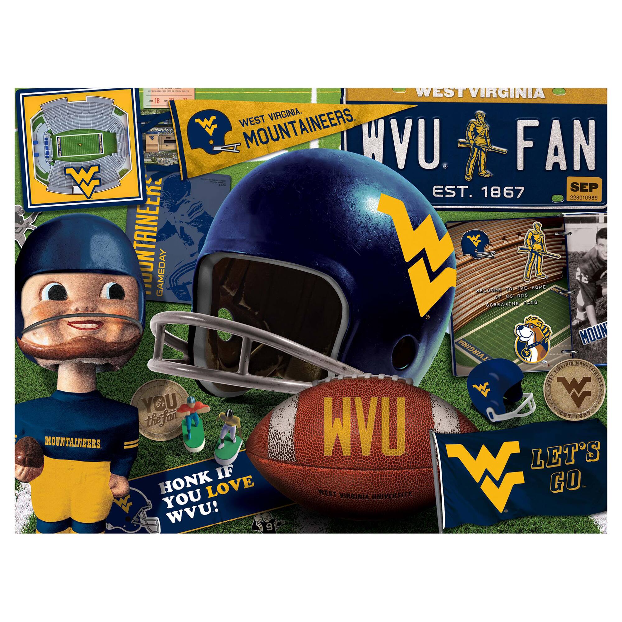 WEST VIRGINIA MOUNTAINEERS  
WVU FAN  
EST. 1867  
SEP 228010989  

WEST VIRGINIA MOUNTAINEERS  
GAMEDAY  

YOU THE FAN  

HONK IF YOU LOVE WVU!  

LET'S GO  
WEST VIRGINIA UNIVERSITY  

WELCOME TO THE HOME OF 60,000 GREAT FANS