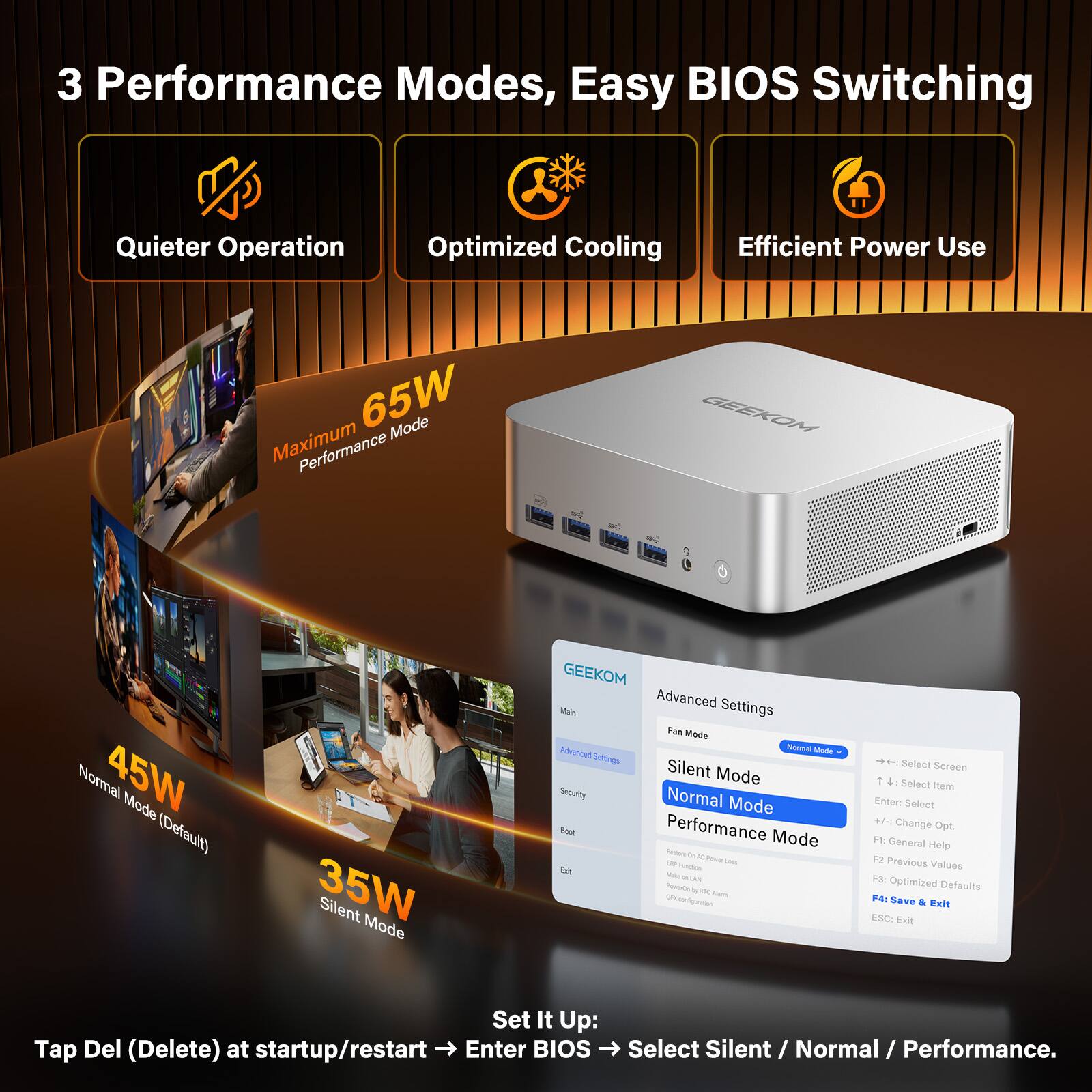 3 Performance Modes, Easy BIOS Switching

Quieter Operation
Optimized Cooling
Efficient Power Use

Maximum 65W Mode
Normal 45W Mode (Default)
35W Silent Mode

GEEKOM Advanced Settings
Main Fan Mode
Advanced Normal Mode Settings
Silent Mode
Security
Normal Mode
Boot
Performance Mode
Redial 0g AC UP Power UM Exit UN PowerOn of ITC. Morm GFX.comiquation

+ Select Screen 4 Select Item Enter: Select +/+ Change Opt. Fl: General Help F2 Previous Values F3: Optimized Defaults F4: Save & Exit ESC: Exit

Set It Up: Tap Del (Delete) at startup/restart Enter BIOS Select Silent / Normal / Performance.