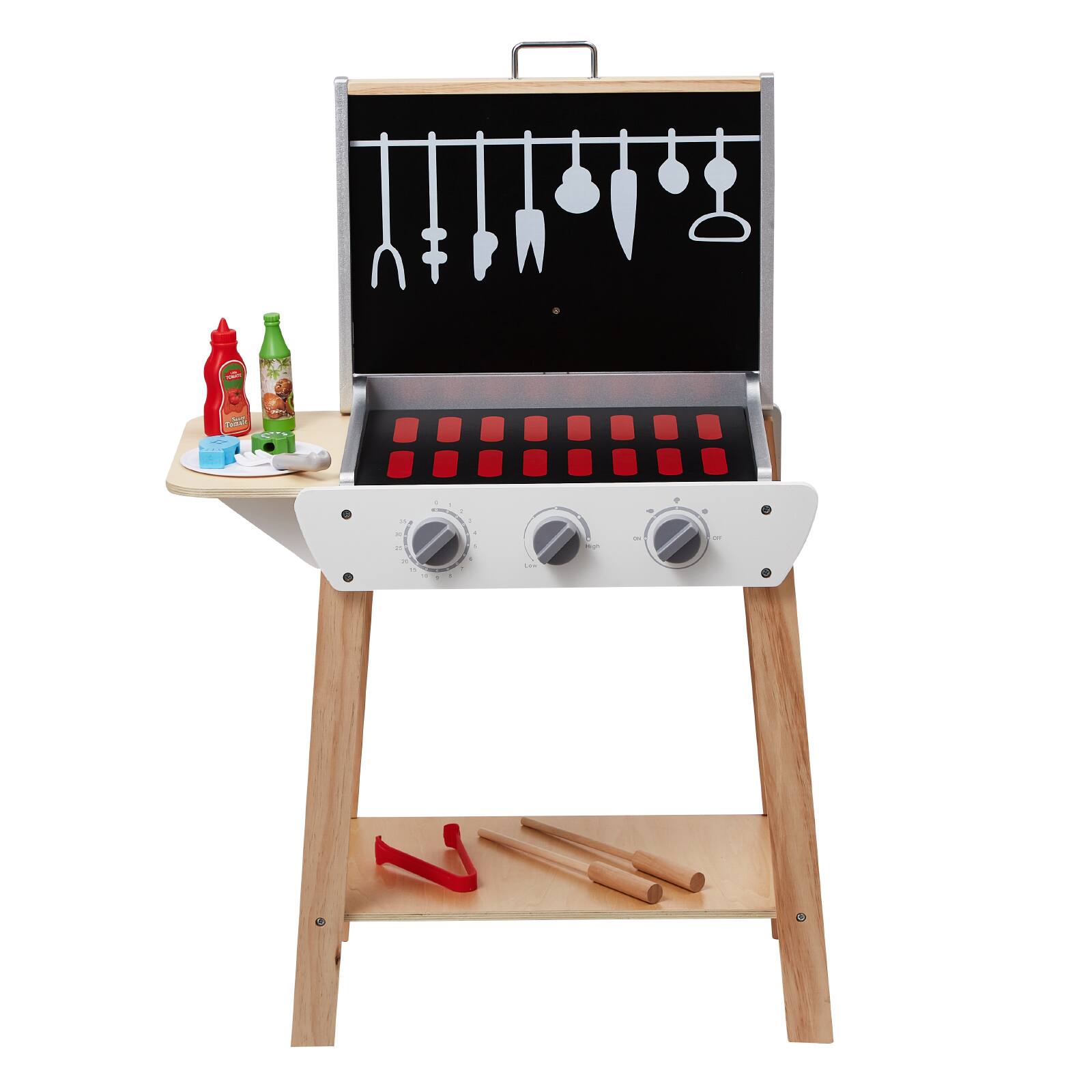 Alt View 5. VEVOR - Wooden Play Barbecue Toy Grill, Kids Grill Playset with Play Food and Grilling Tools - Black Gray + Black + Wood Color.