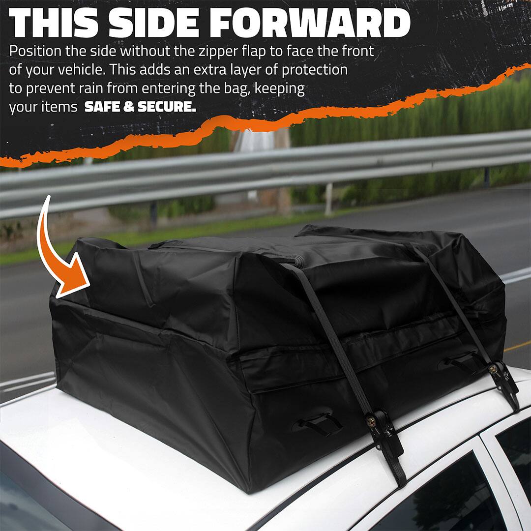 THIS SIDE FORWARD

Position the side without the zipper flap to face the front of your vehicle. This adds an extra layer of protection to prevent rain from entering the bag, keeping your items SAFE & SECURE.