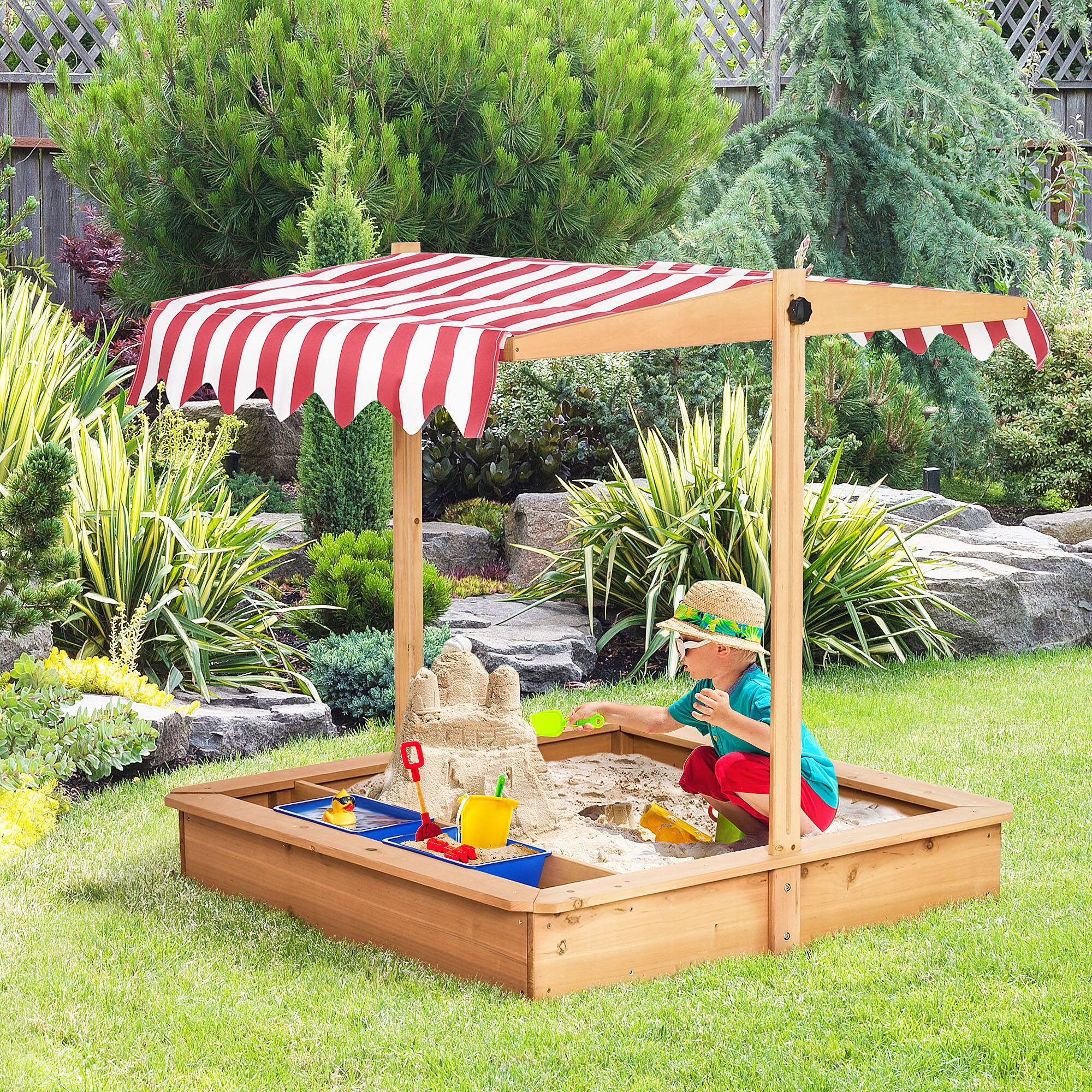 Angle. Outsunny - Kids Wooden Sandbox, Adjustable Height Cover, Toy Bin Storage, Sand Play Station, Bottom Liner, Backyard, Ages 3-7.