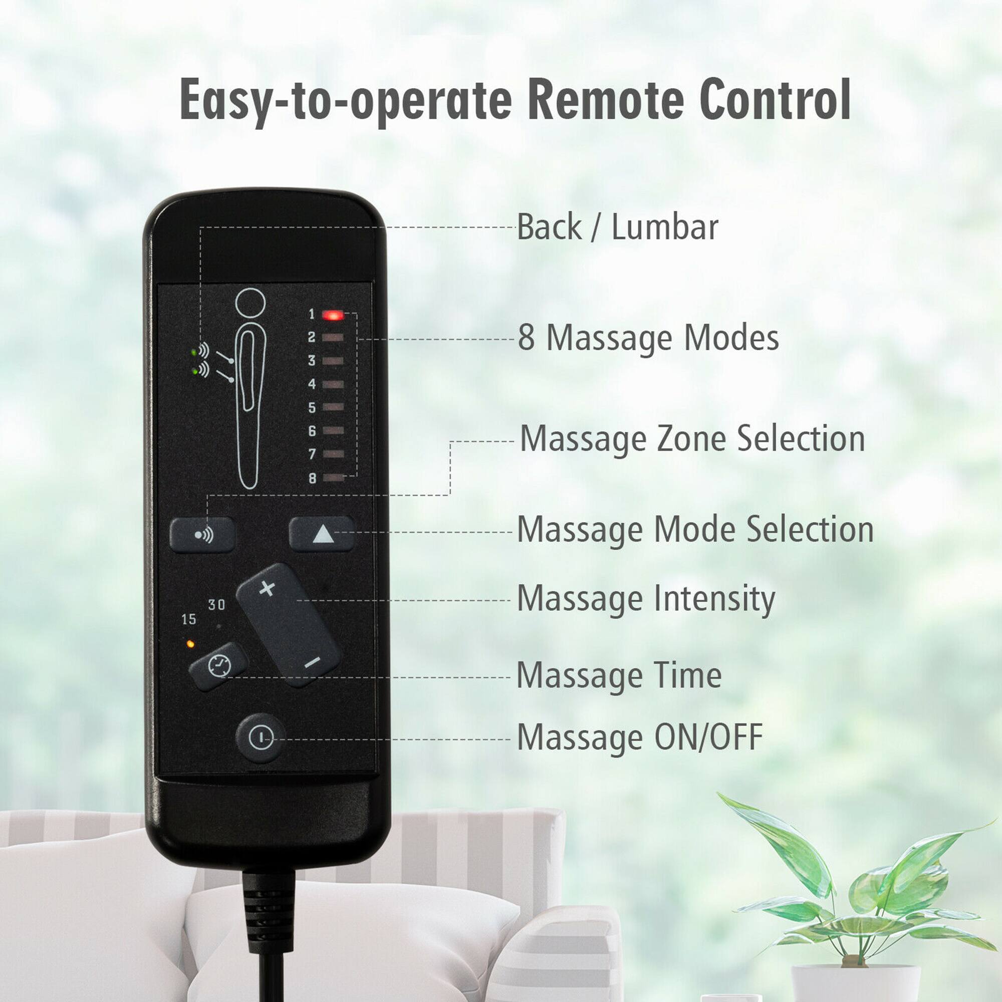 Easy-to-operate Remote Control

- Back / Lumbar
- 8 Massage Modes
- Massage Zone Selection
- Massage Mode Selection
- Massage Intensity
- Massage Time
- Massage ON/OFF