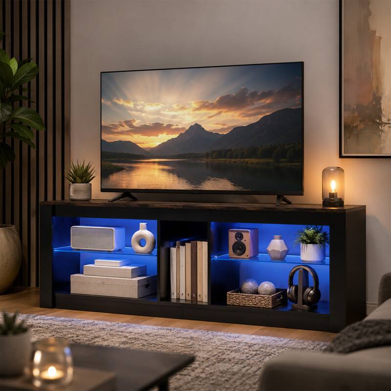 Angle. WELLFOR - Modern TV Stand for TVs up to 65 " with LED Light, Entertainment Center Console Table with Adjustable Shelves - Brown.