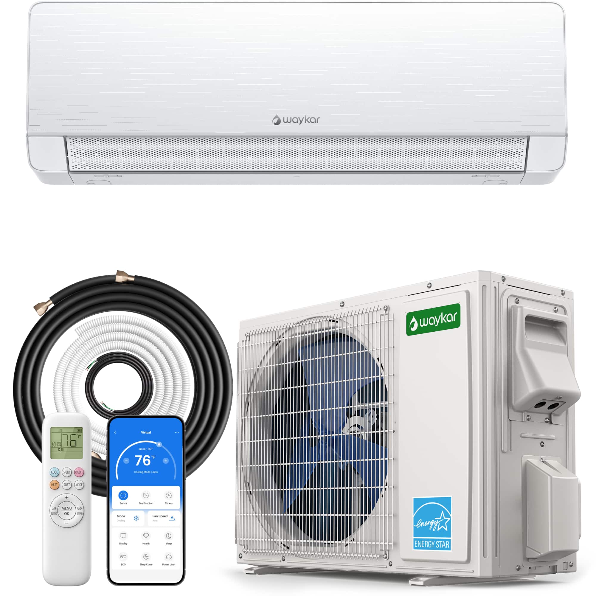Waykar - Mini Split Air Conditioner 12000 BTU Cooling and Heating Inverter System 230V with Remote Control - White