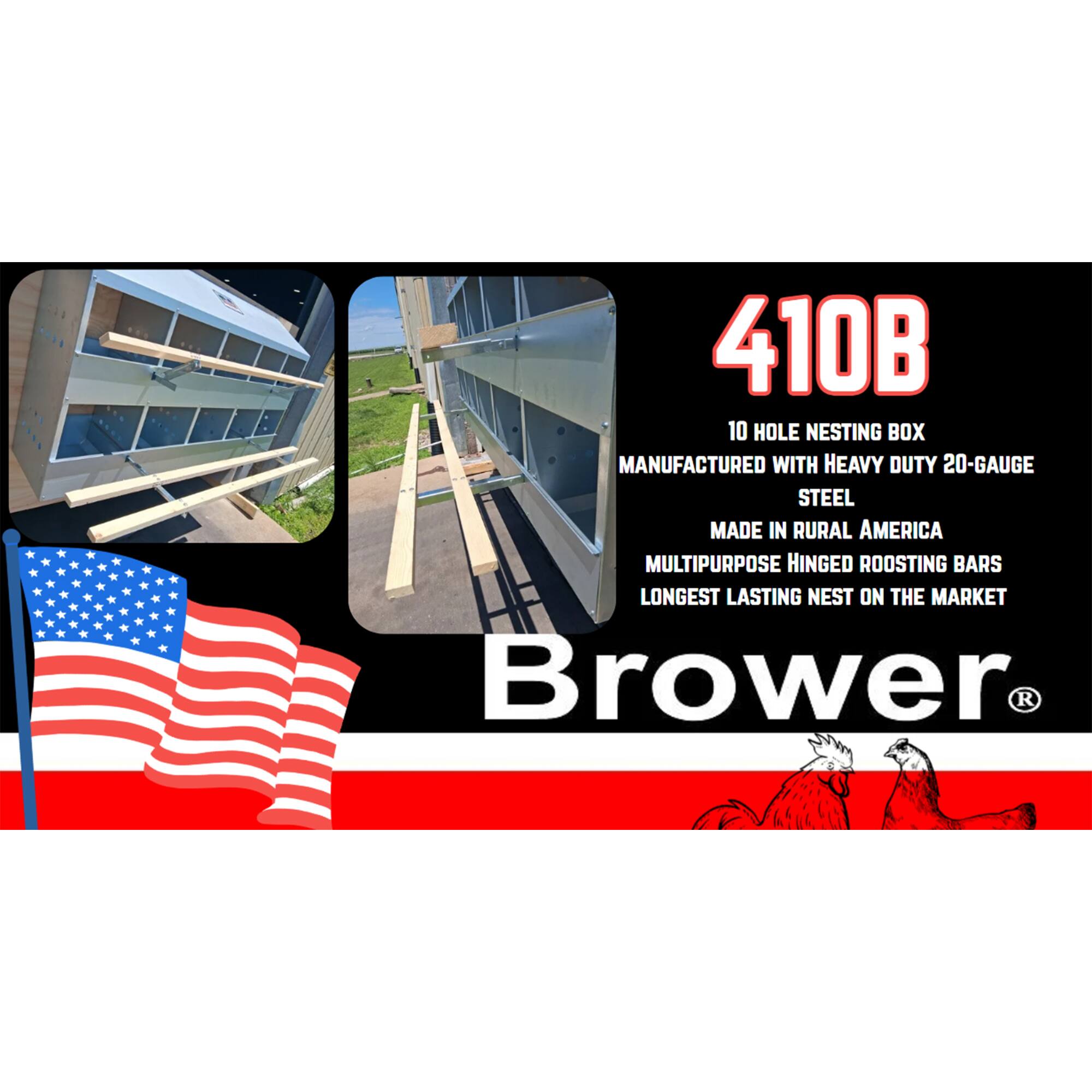 410B 10 HOLE NESTING BOX MANUFACTURED WITH HEAVY DUTY 20-GAUGE STEEL MADE IN RURAL AMERICA MULTIPURPOSE HINGED ROOSTING BARS LONGEST LASTING NEST ON THE MARKET Brower
