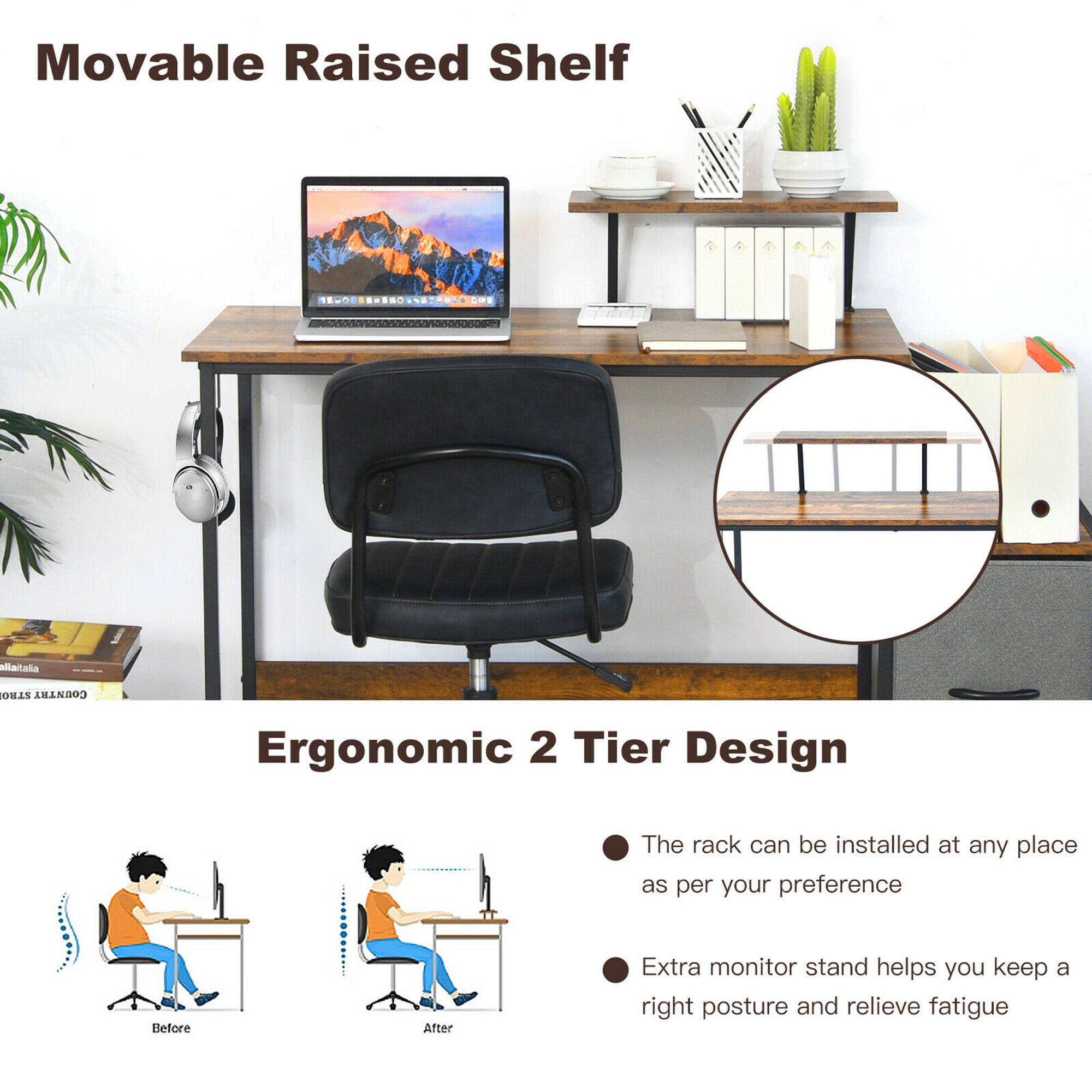 Movable Raised Shelf

Ergonomic 2 Tier Design

- The rack can be installed at any place as per your preference
- Extra monitor stand helps you keep a right posture and relieve fatigue