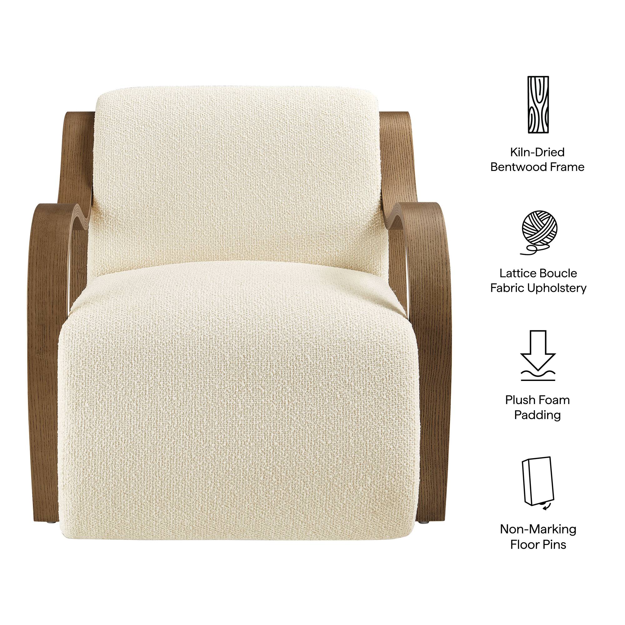 Kiln-Dried Bentwood Frame  
Lattice Boucle Fabric Upholstery  
Plush Foam Padding  
Non-Marking Floor Pins