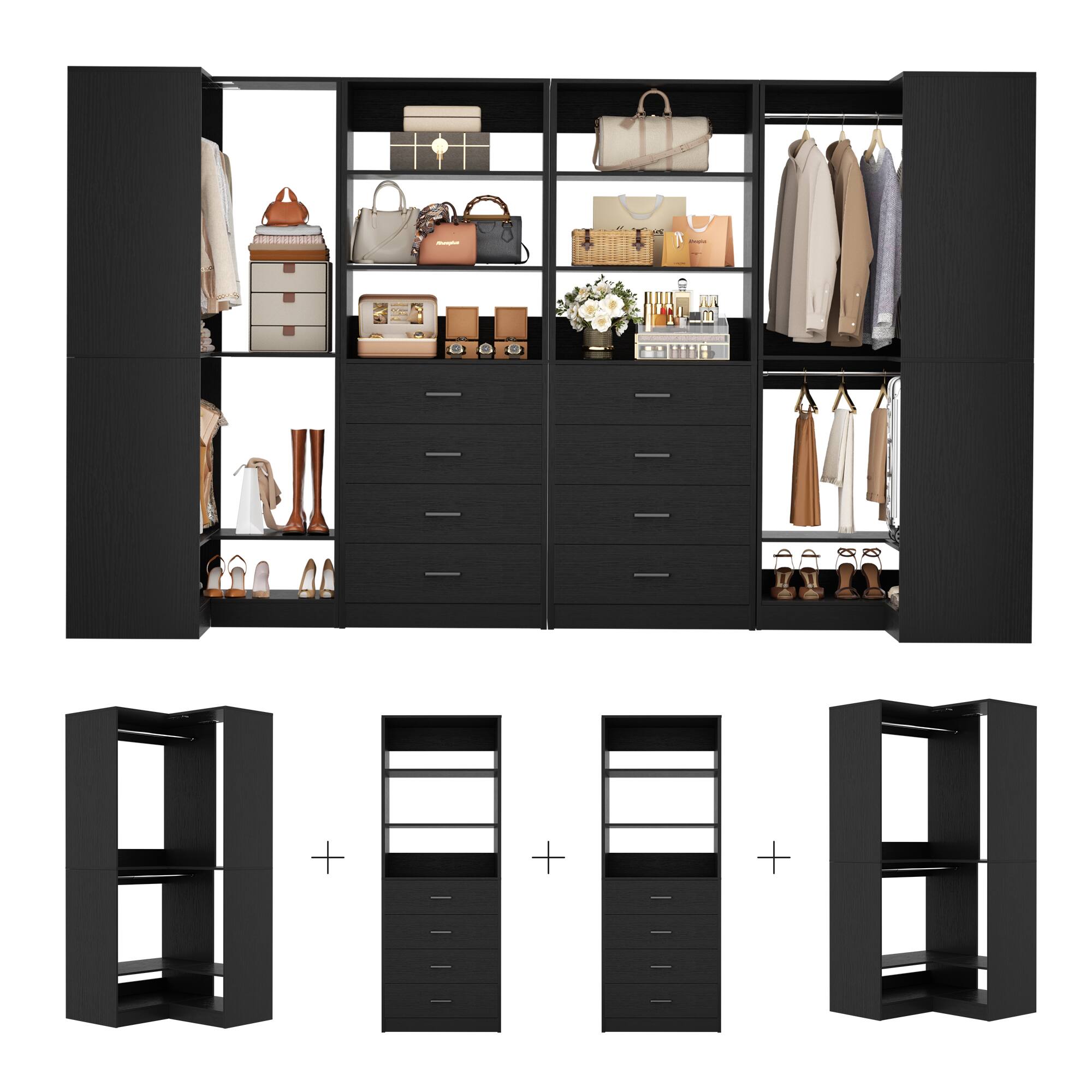 Angle. Aheaplus - U-Shaped Closet Organizer System, 104'' W Wardrobe System with 8 Drawers, 4 Hanging Rods & 13 Storage Shelves - Black.