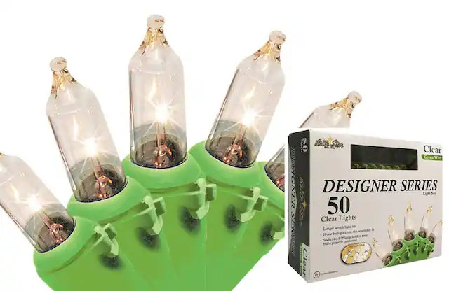 DESIGNER SERIES
50 Clear Lights
Light Set
Clear Green Wire
- Longer length light set
- If one bulb goes out, the others stay lit
- Socket Lock™ lamp holder keeps bulbs properly connected
