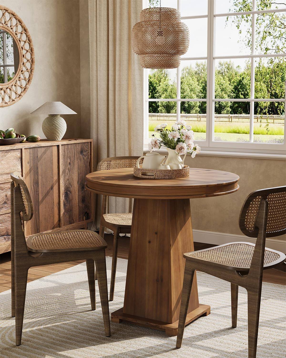 Back. Tribesigns - Solid Wood Round Dining Table, 80 cm Small Kitchen Table, Modern Farmhouse Dinner Table for Dining Room, Kitchen, Living - brown.