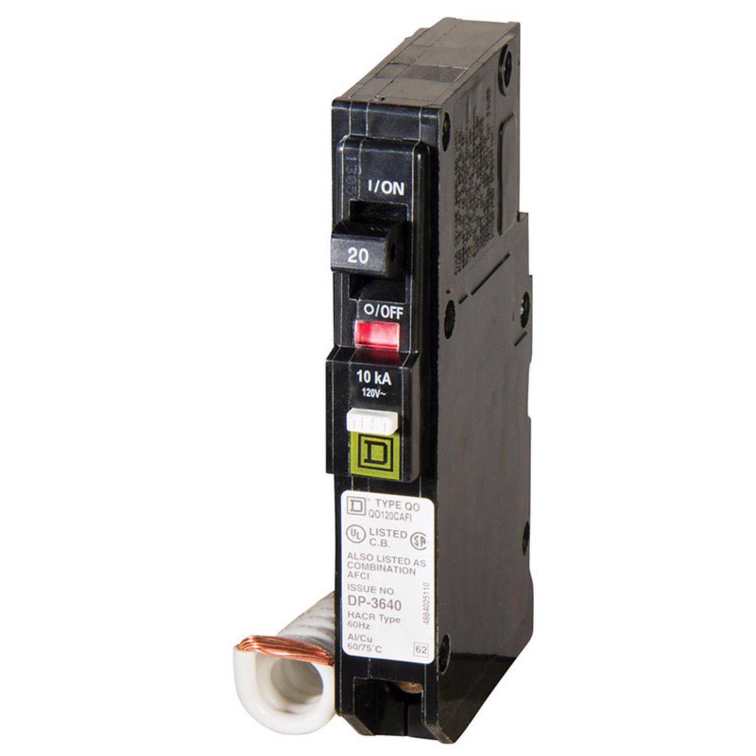 I/ON 20 O/OFF 10 kA 120V~ TYPE QO Q0120CAFI LISTED SP ALSO LISTED AS COMBINATION AFCI ISSUE NO DP-3640 4884025110 HACR Type 60Hz AVCu 60/75 C 62