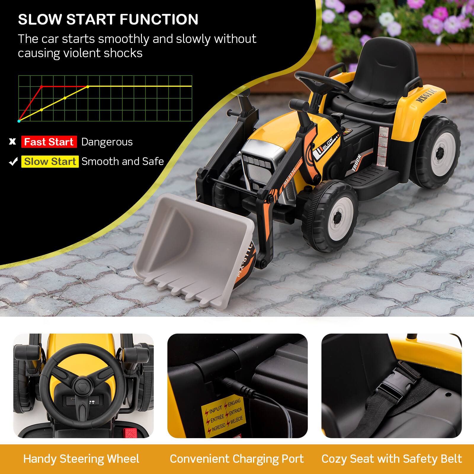 **SLOW START FUNCTION**  
The car starts smoothly and slowly without causing violent shocks  

- Fast Start: Dangerous  
- Slow Start: Smooth and Safe  

**Handy Steering Wheel**  
**Convenient Charging Port**  
**Cozy Seat with Safety Belt**  

**EINGANG**  
**INPUT**  
**ENTREE**  
**INGRESSO**  
**WEBCE**  
**INGRESSO**