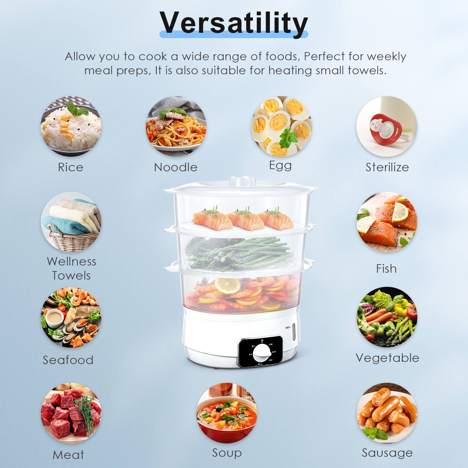 Versatility

Allow you to cook a wide range of foods, Perfect for weekly meal preps, It is also suitable for heating small towels.

- Rice
- Noodle
- Egg
- Sterilize
- Wellness Towels
- Fish
- Seafood
- Vegetable
- Meat
- Soup
- Sausage