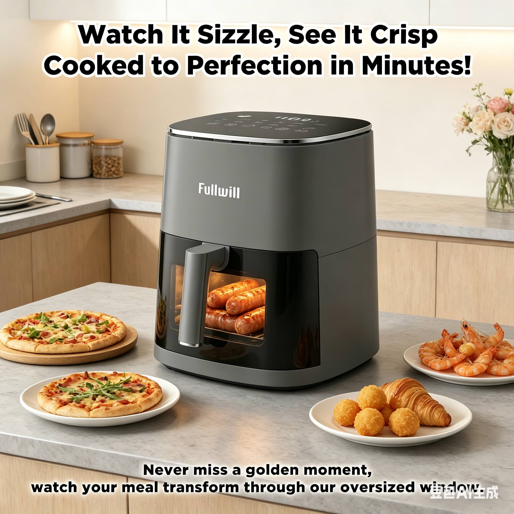Watch It Sizzle, See It Crisp Cooked to Perfection in Minutes!  
Never miss a golden moment, watch your meal transform through our oversized window AV
