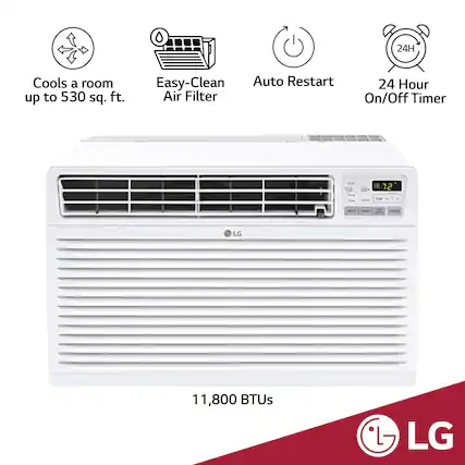 24H Cools a room up to 530 sq. ft. Easy-Clean Auto Restart Air Filter 24 Hour On/Off Timer 12 LG 11,800 BTUs LG