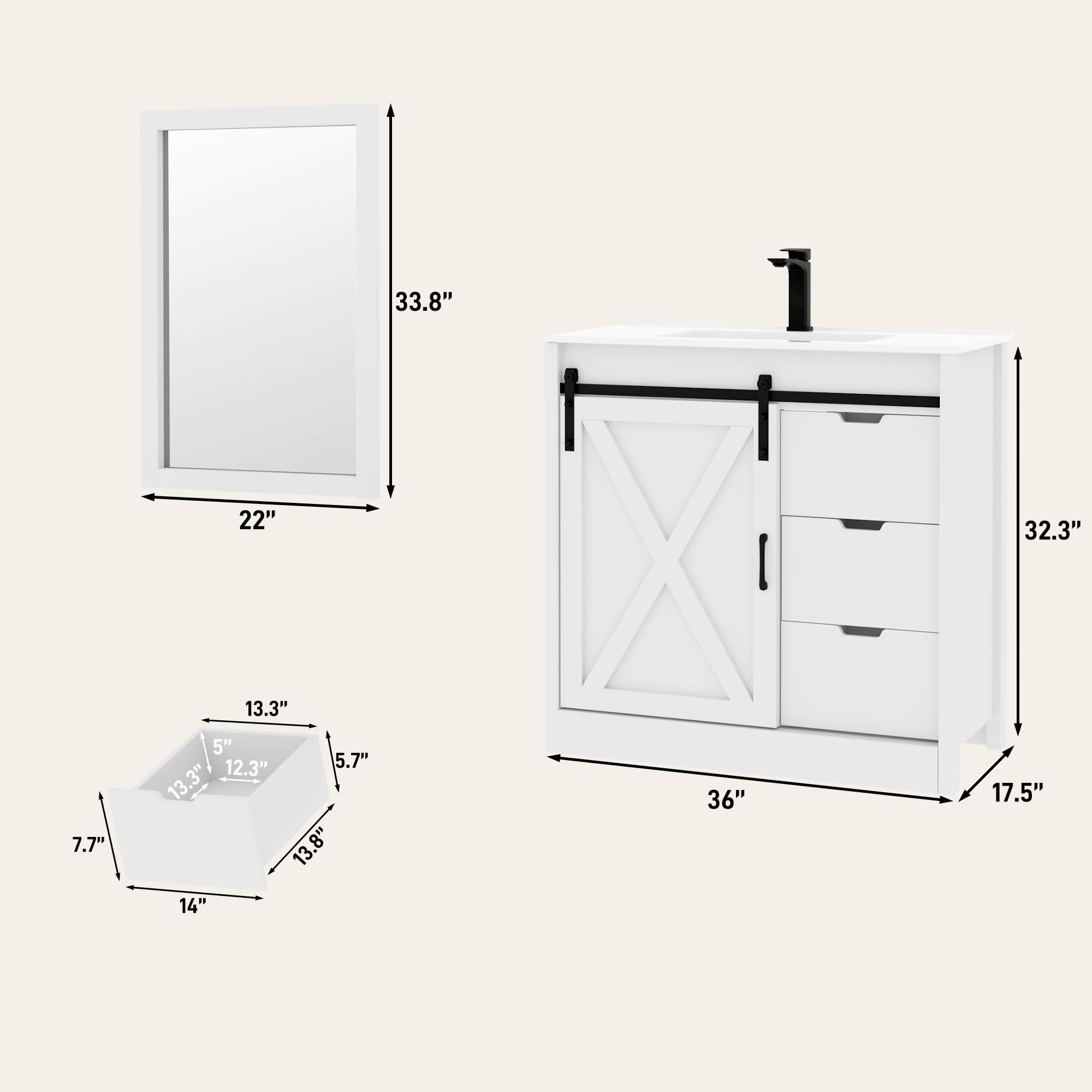 7.7" 33.8" 22" 13.3" 5" 12.3" 5.7" 13.3" 13.8" 14" x 36" 32.3" 17.5"