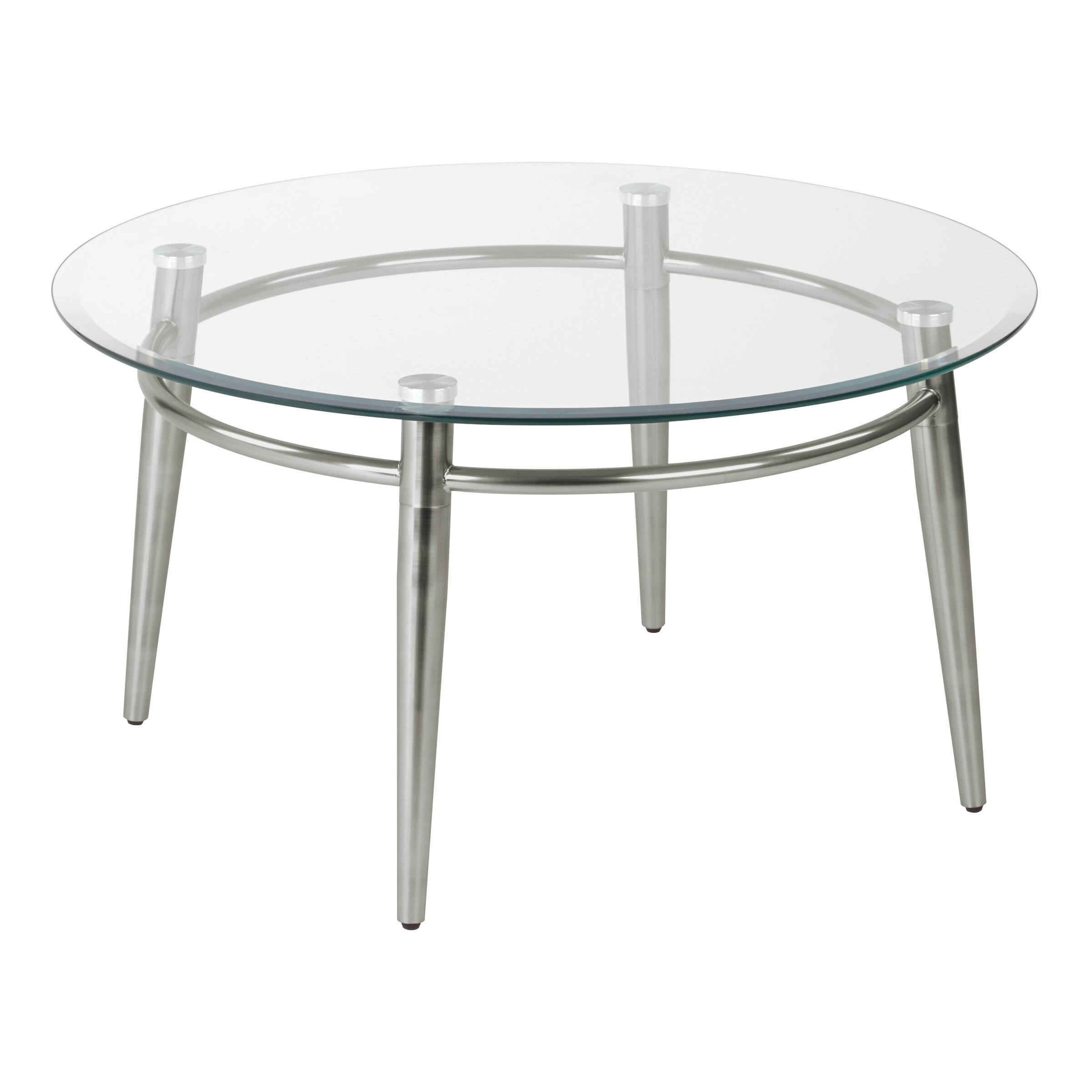Angle. OSP Home Furnishings - Brooklyn Round Glass Top Coffee Table - Glass / Brushed Nickel.
