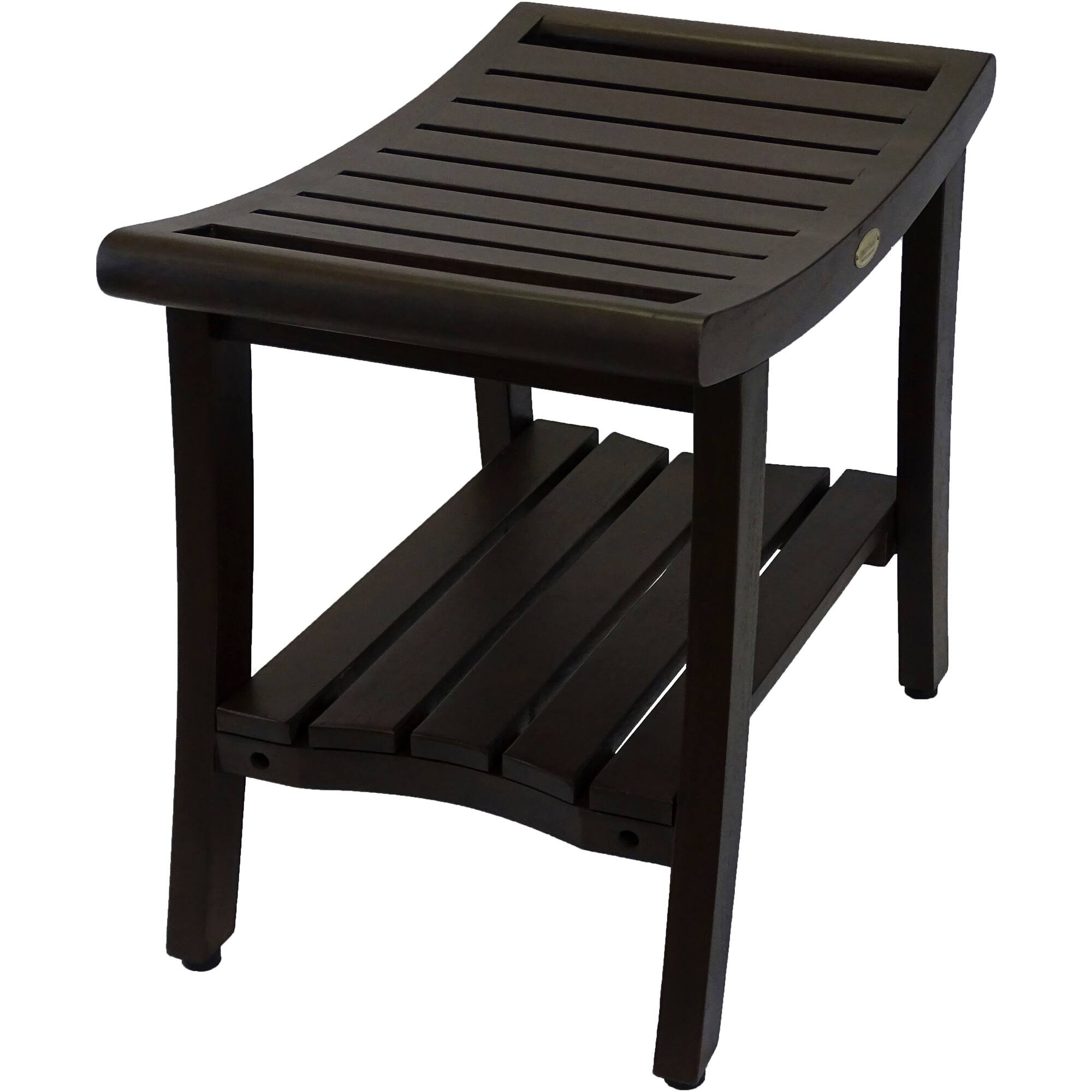 Angle. DecoTeak - DecoTeak® Harmony® 24" Teak Wood Shower Bench with Shelf and LiftAide® Arms in Woodland Brown Finish - Woodland Brown.