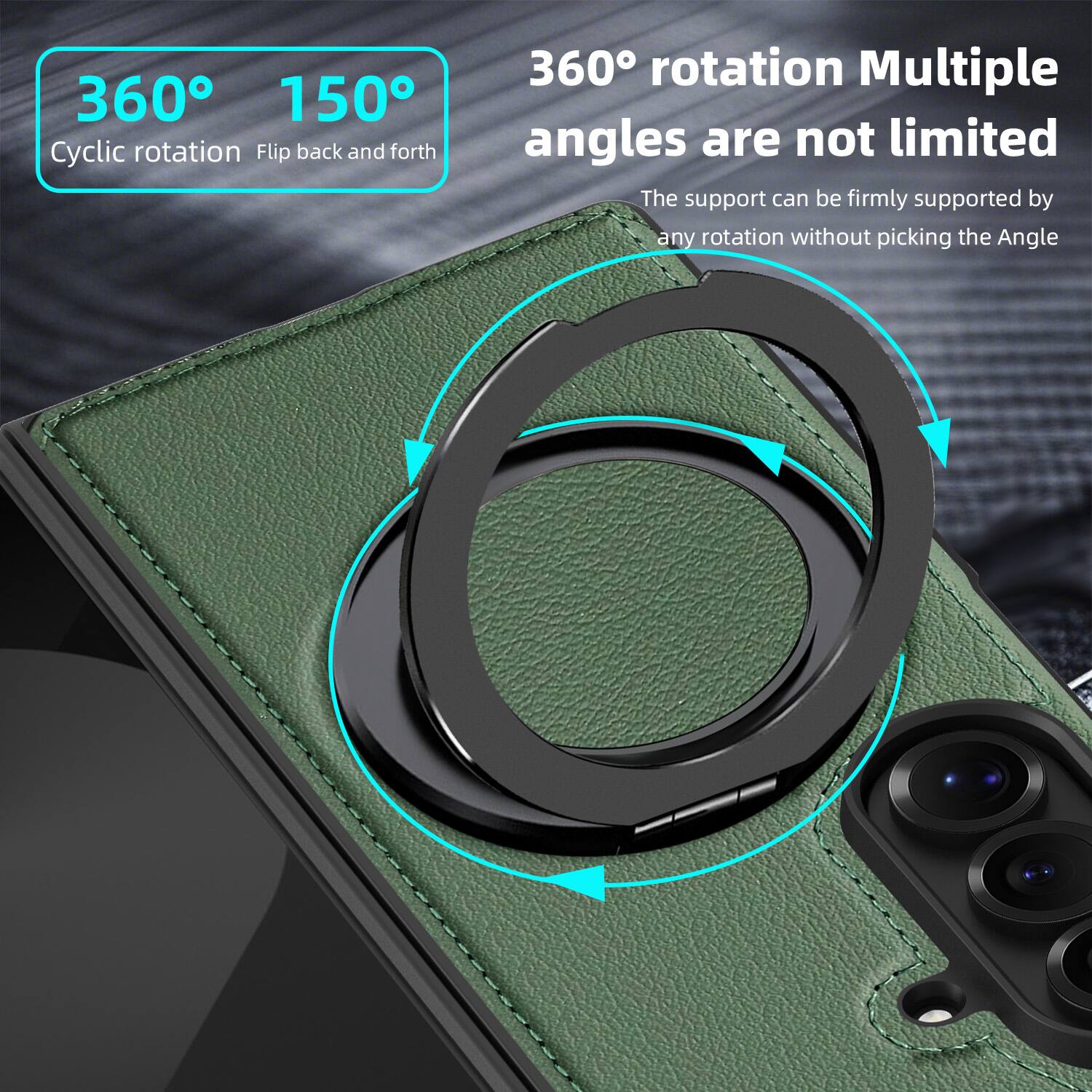 360° 150°  
Cyclic rotation Flip back and forth  
360° rotation Multiple angles are not limited  
The support can be firmly supported by any rotation without picking the Angle