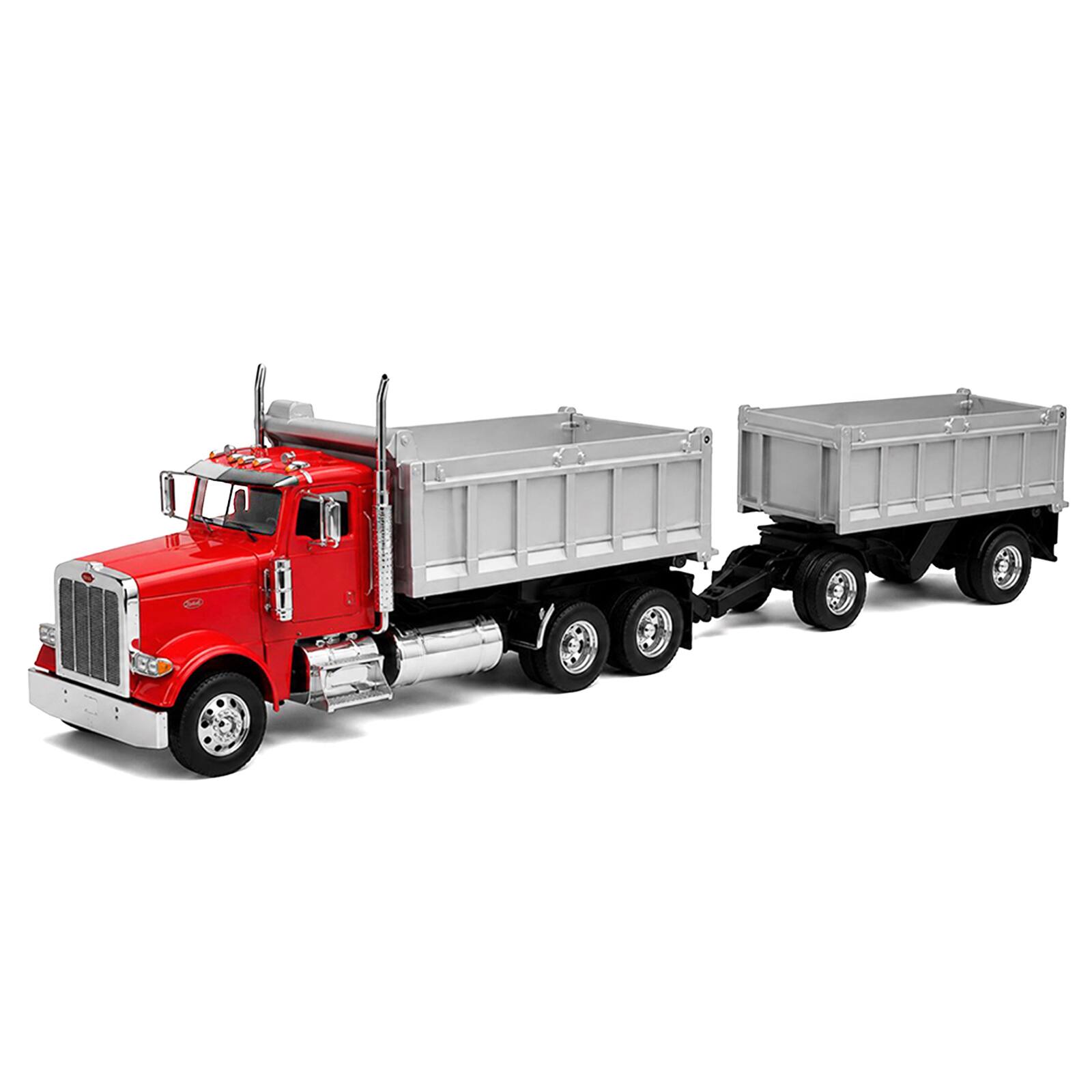 Alt View 1. Welly - Peterbilt 379 Dump Truck Red with Gray Double Dump Trailer "Transporter" Series 1/32 Diecast Model by Welly.