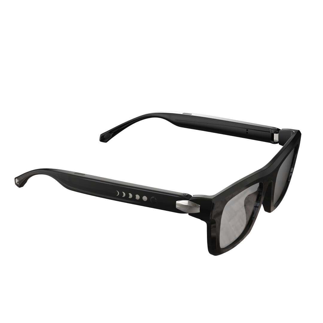 Left. Chamelo - Lion City Audio Sunglasses with Instant Adjustable Tint - Glossy Black.