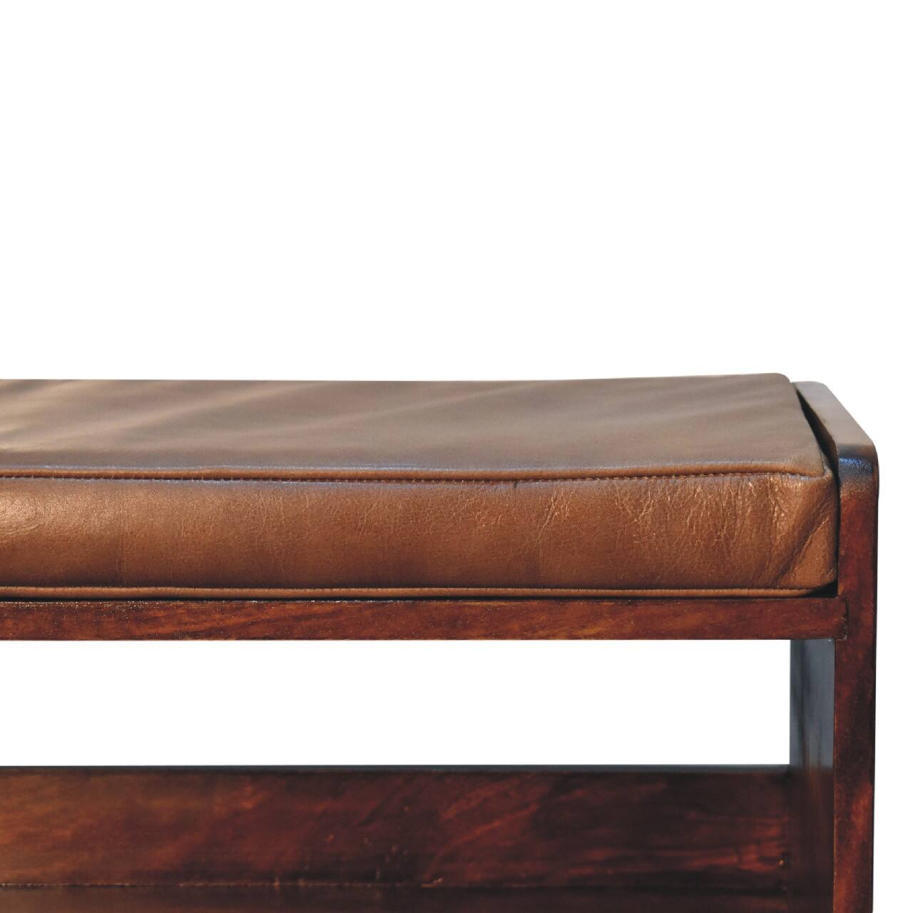 Alt View 1. Artisan Furniture - Artisan Furniture Solid Wood Chestnut Bench with Brown Leather Seatpad, Upholstered, 1 Open Slot, Dark Brown - Dark Brown.