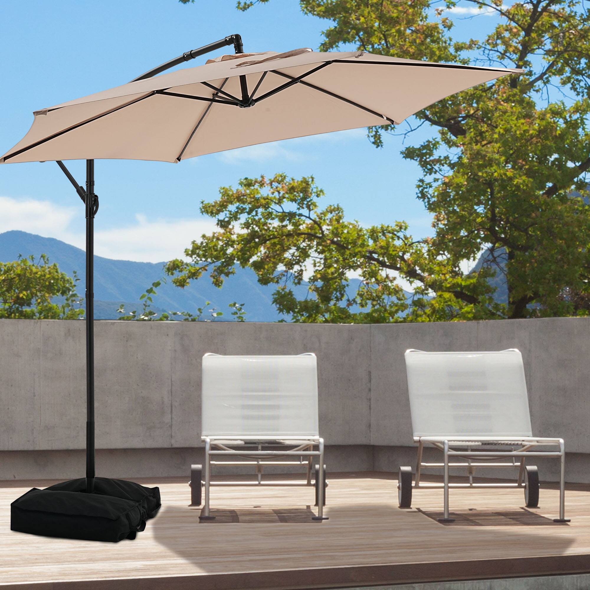 Left. Ainfox - Ainfox 10FT Outdoor Patio Cantilever Umbrella Hanging Offset with Cross Base & Sand Bags for Market,Backyard - Khaki.