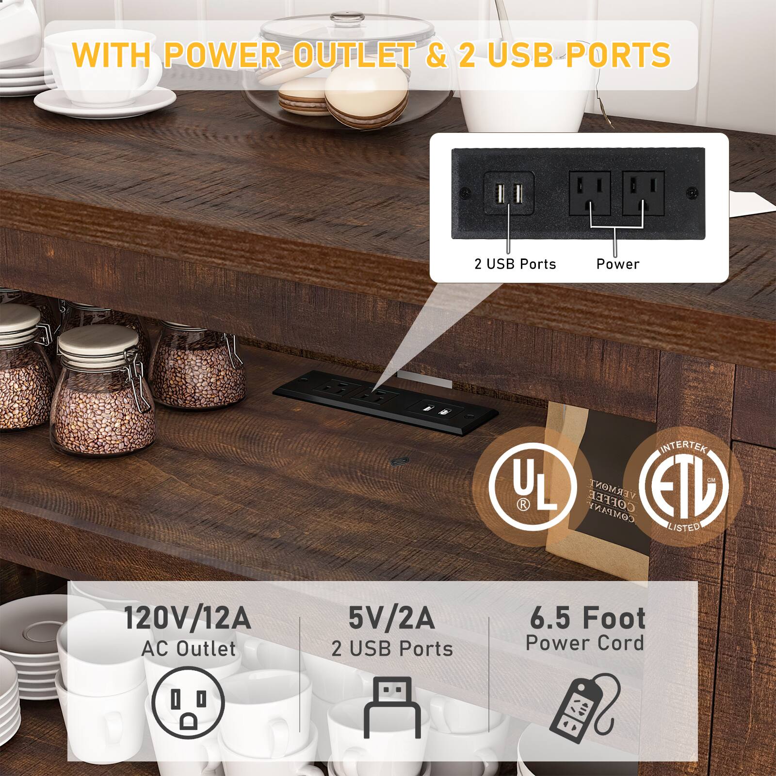 WITH POWER OUTLET & 2 USB PORTS

2 USB Ports
Power

120V/12A AC Outlet
5V/2A 2 USB Ports
6.5 Foot Power Cord

UL
ETL LISTED