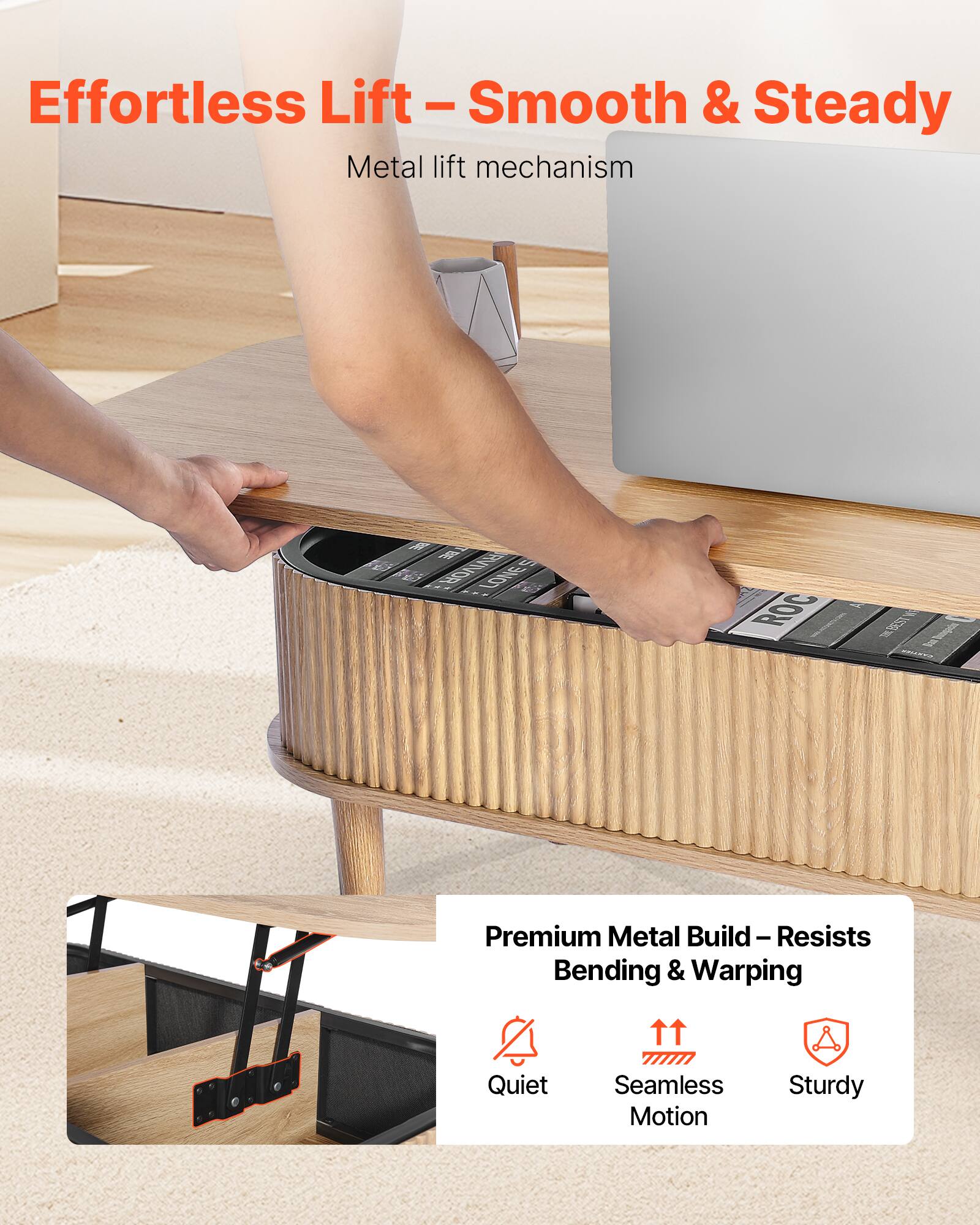 Effortless Lift - Smooth & Steady  
Metal lift mechanism  

Premium Metal Build - Resists Bending & Warping  

Quiet  
Seamless Motion  
Sturdy