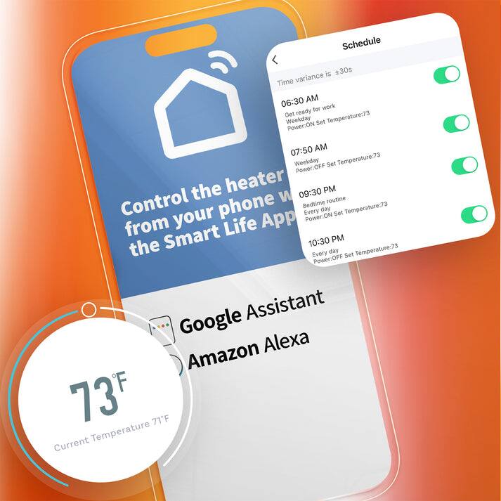 Schedule is 30s  
Time variance 06:30 AM for work  
Get ready  
Temperature:73  
Weekday Power:ON Set 07:50 AM  
Weekday Power:OFF Set Temperature:73  
the heater 09:30 PM  
Control phone Bedtime routine your Every Power:ON day Set Temperature:73 from Life App the Smart 10:30 Every day PM Temperature:73 Set Power:OFF  
Google Assistant Amazon Alexa  
73F  
71F  
Current Temperature