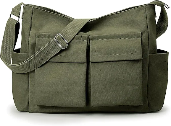Front. Vulpecula Spade - Canvas Tote Bag Messenger Bag, Large Crossbody Bag for Women or Men, Casual Canvas Shoulder Bag for College Work Daily - Army Green.