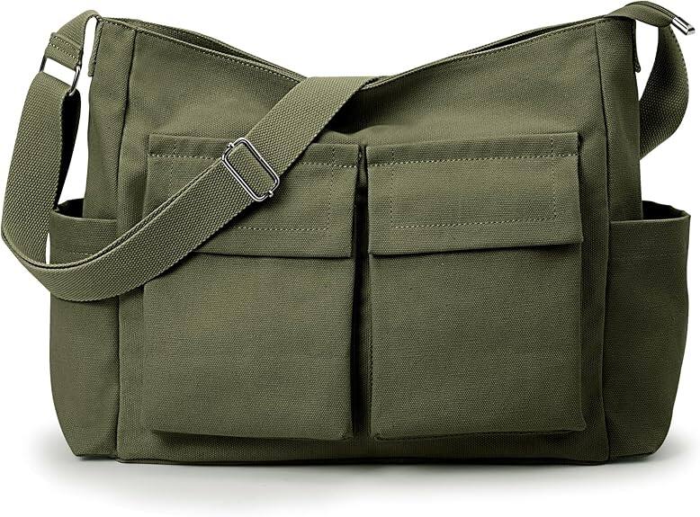 Vulpecula Spade - Canvas Tote Bag Messenger Bag, Large Crossbody Bag for Women or Men, Casual Canvas Shoulder Bag for College Work Daily - Army Green