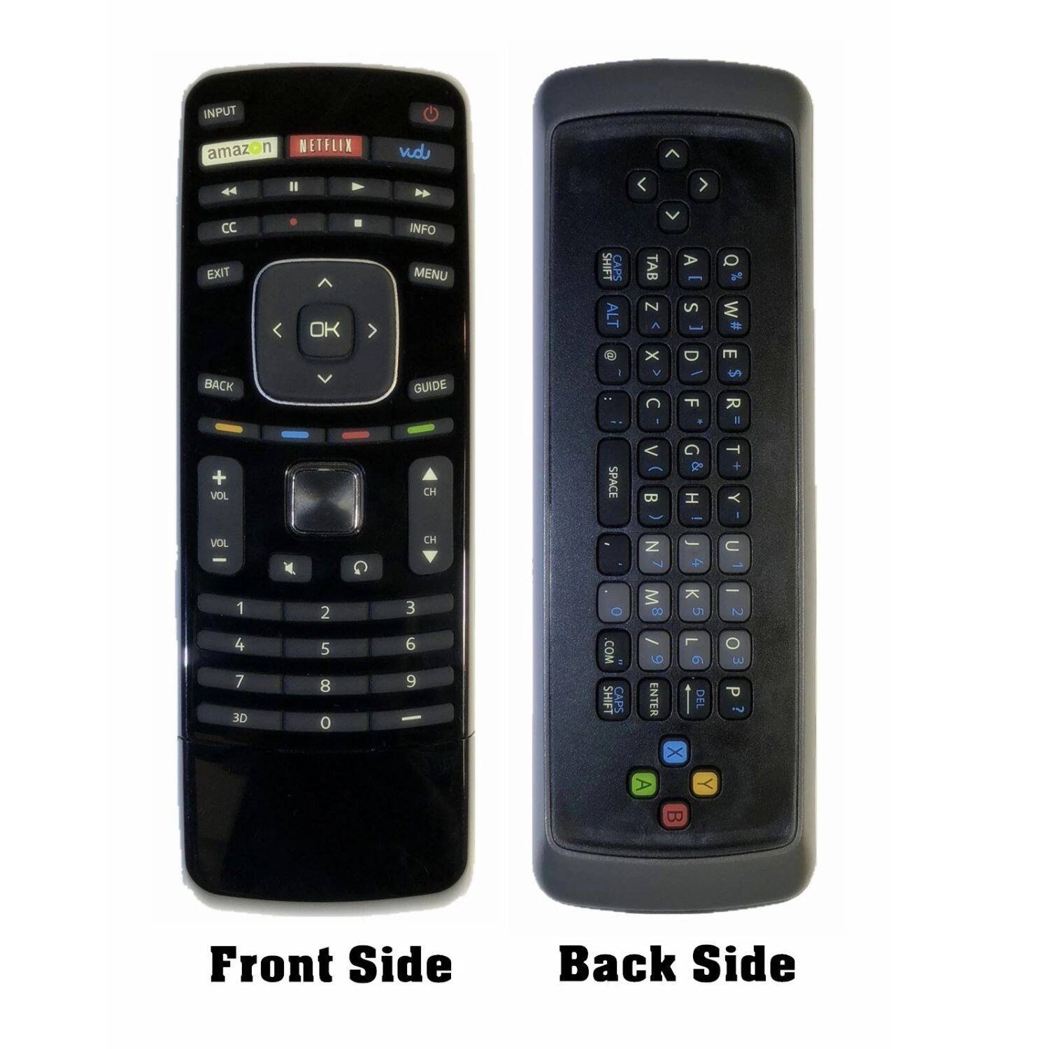 **Front Side:**
- INPUT
- amazon
- NETFLIX
- vudu
- CC
- EXIT
- BACK
- OK
- MENU
- GUIDE
- INFO
- VOL +
- VOL -
- CH +
- CH -
- 1
- 2
- 3
- 4
- 5
- 6
- 7
- 8
- 9
- 0
- 3D
- COM
- SHIFT
- CAPS
- ENTER
- DEL
- A
- B
- X
- Y

**Back Side:**
- TAB
- ALT
- SHIFT
- SPACE
- COM
- ENTER
- DEL
- A
- B
- X
- Y
- Q
- W
- E
- R
- T
- Y
- U
- I
- O
- P
- A
- S
- D
- F
- G
- H
- J
- K
- L
- Z
- X
- C
- V
- B
- N
- M
- 1
- 2
- 3
- 