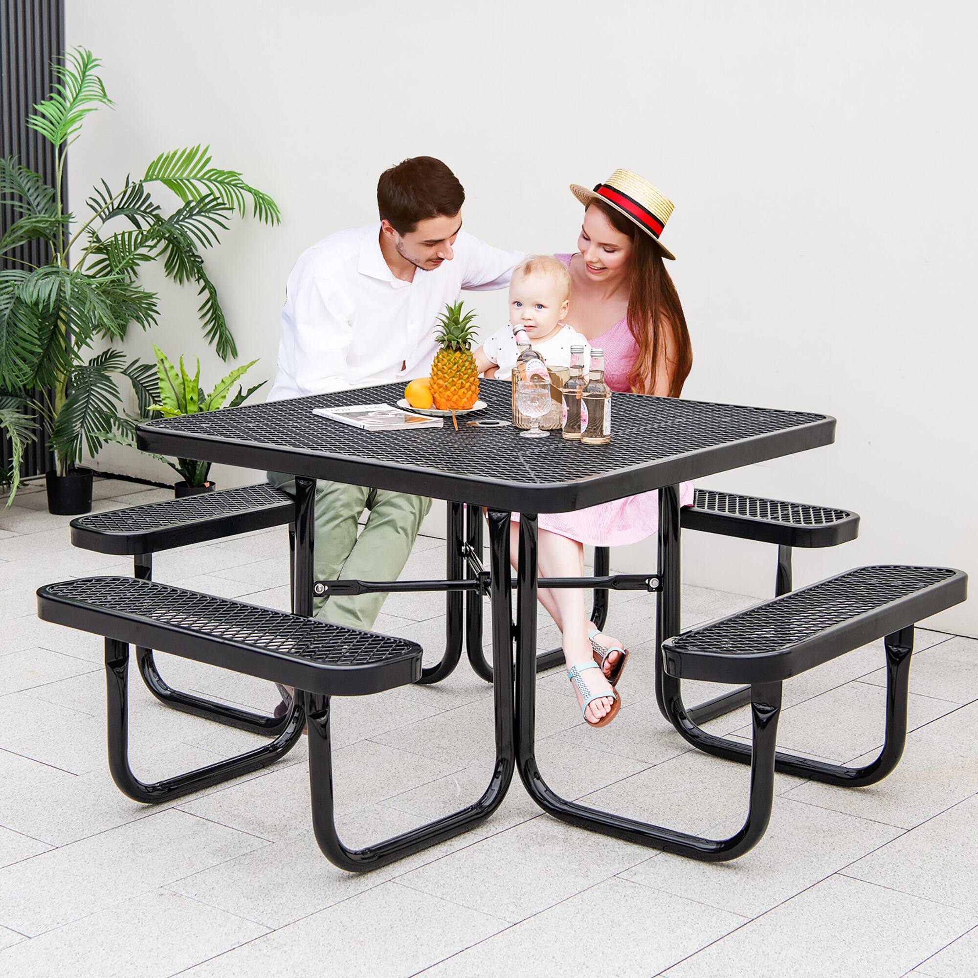 Alt View 1. Gymax - Gymax 46'' Coated Steel Camping Table w/ Seats Heavy Duty Picnic Table & Bench for 8 - Black.