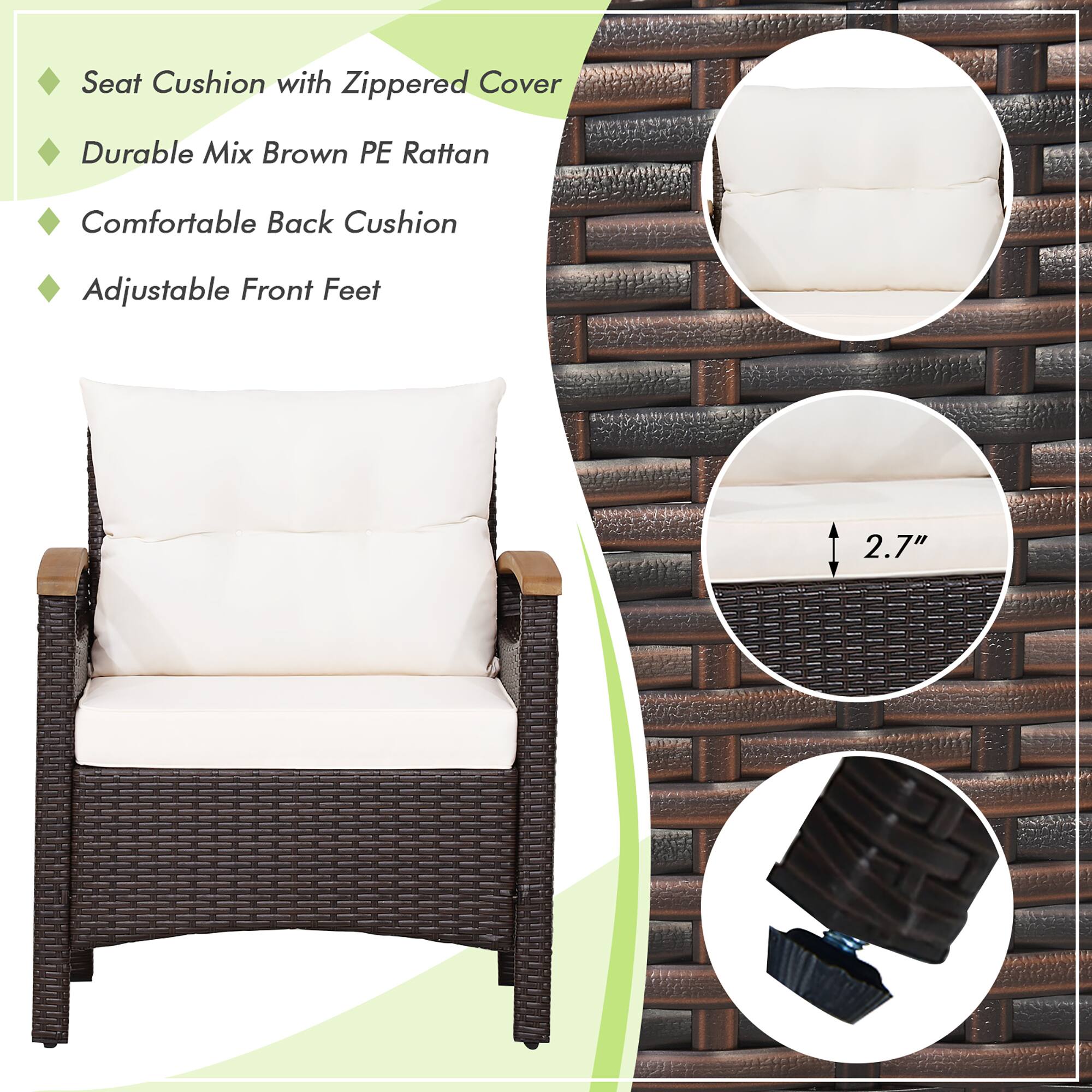 Seat Cushion with Zippered Cover, Durable Mix Brown PE Rattan, Comfortable Back Cushion, Adjustable Front Feet, 2.7"