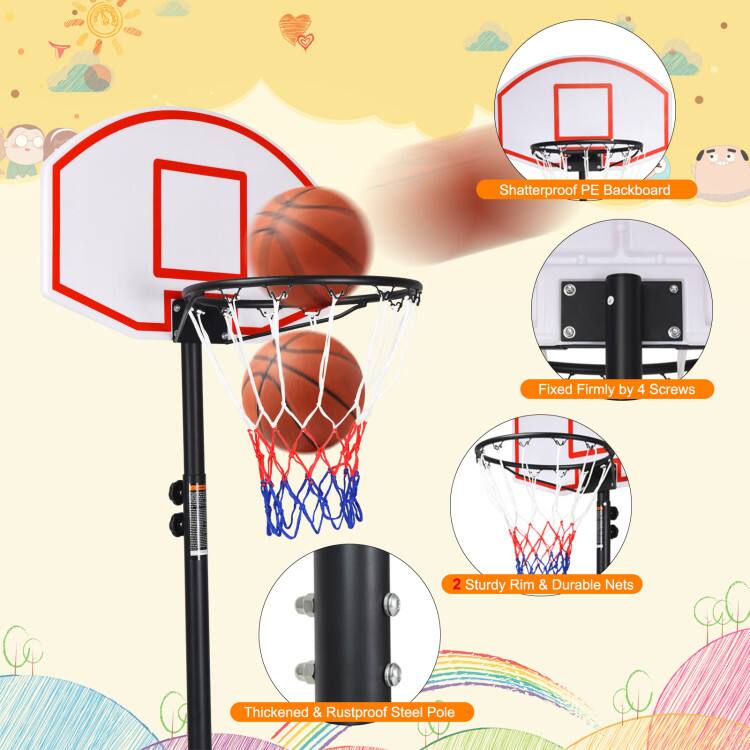 Shatterproof PE Backboard  
Fixed Firmly by 4 Screws  
2 Sturdy Rim & Durable Nets  
Thickened & Rustproof Steel Pole