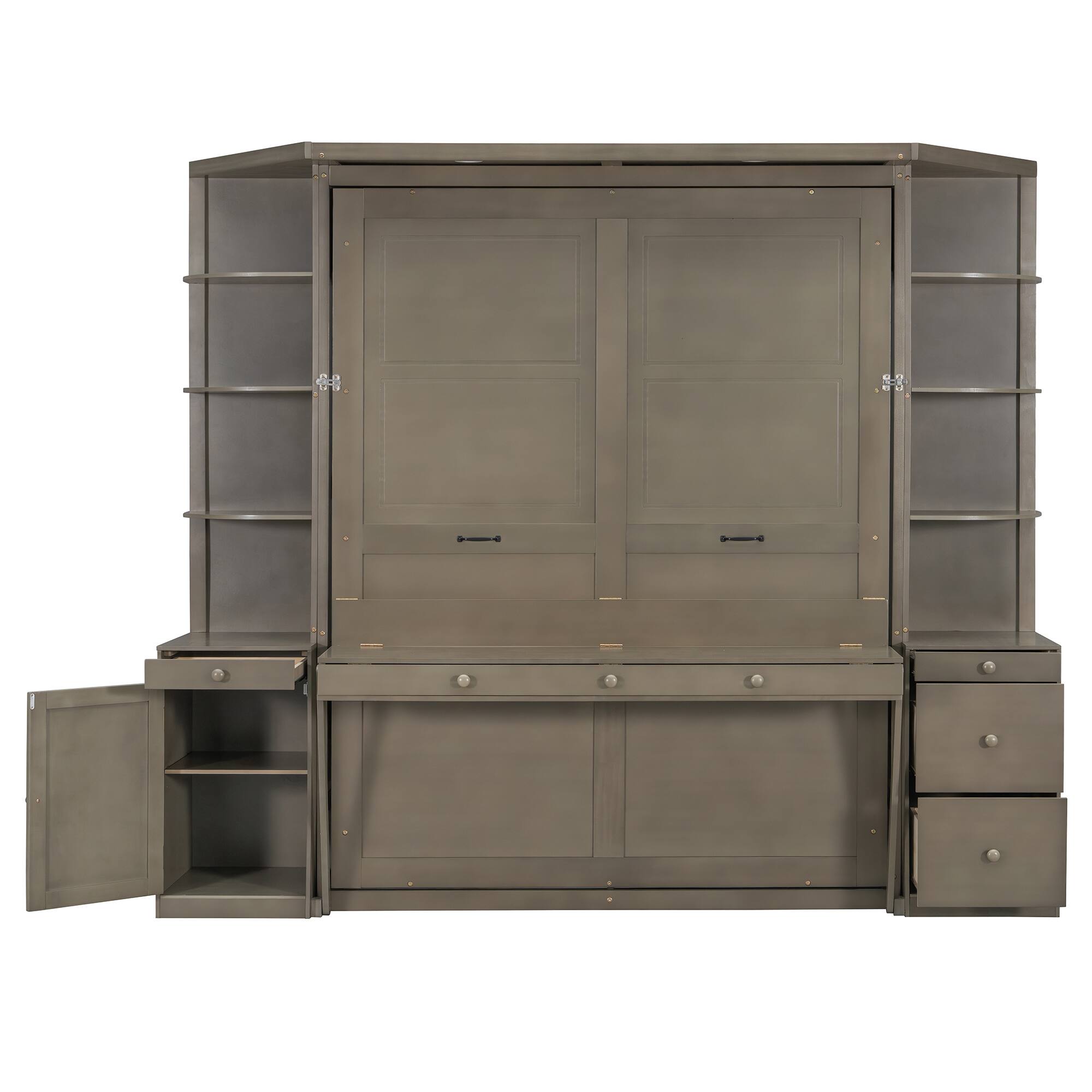 Alt View 2. Whisen - Queen Size Murphy Bed with Desk and Storage Shelves,Space-Saving Wall Bed for Home Office - Brown.