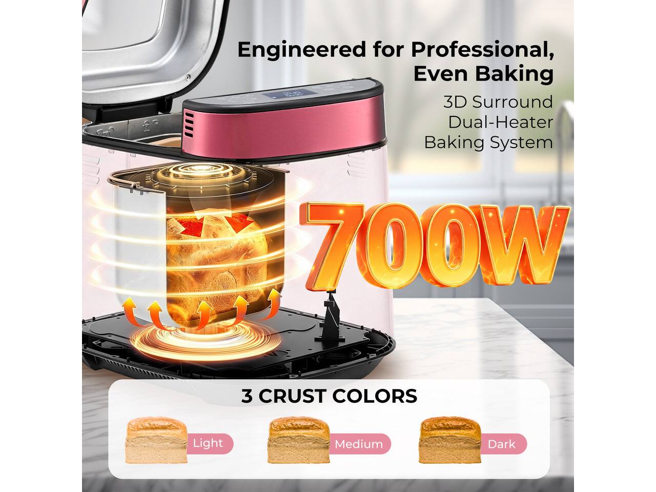 Engineered for Professional, Even Baking  
3D Surround Dual-Heater Baking System  
700W  

3 CRUST COLORS  
Light  
Medium  
Dark