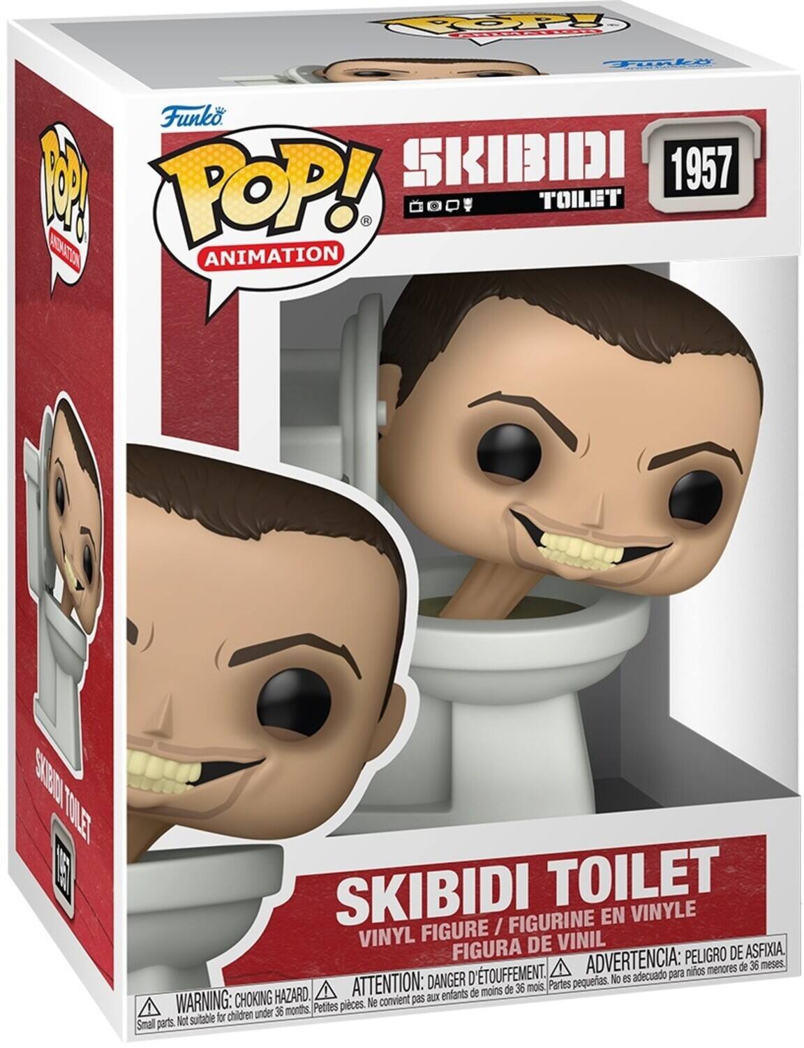 Sure, here is the corrected and grouped text from the image:

---

**Top Left Corner:**
- POP! Animation

**Top Center:**
- Funko POP! Animation

**Top Right Corner:**
- SKIBIDI TOILET 1957

**Bottom Center:**
- SKIBIDI TOILET
- VINYL FIGURE / FIGURINE EN VINYLE
- FIGURA DE VINIL

**Bottom Left Corner:**
- WARNING: CHOKING HAZARD. Small parts. Not suitable for children under 36 months.
- ATTENTION: DANGER D'ÉTOUFFEMENT. Petites pièces. Ne convient pas aux enfants de moins de 36 mois.
- ADVERTENCIA: PELIGRO DE ASFIXIA. Partes pequeñas. No es adecuado para niños menores de 36 meses.

**Bottom Right Corner:**
- Funko

---