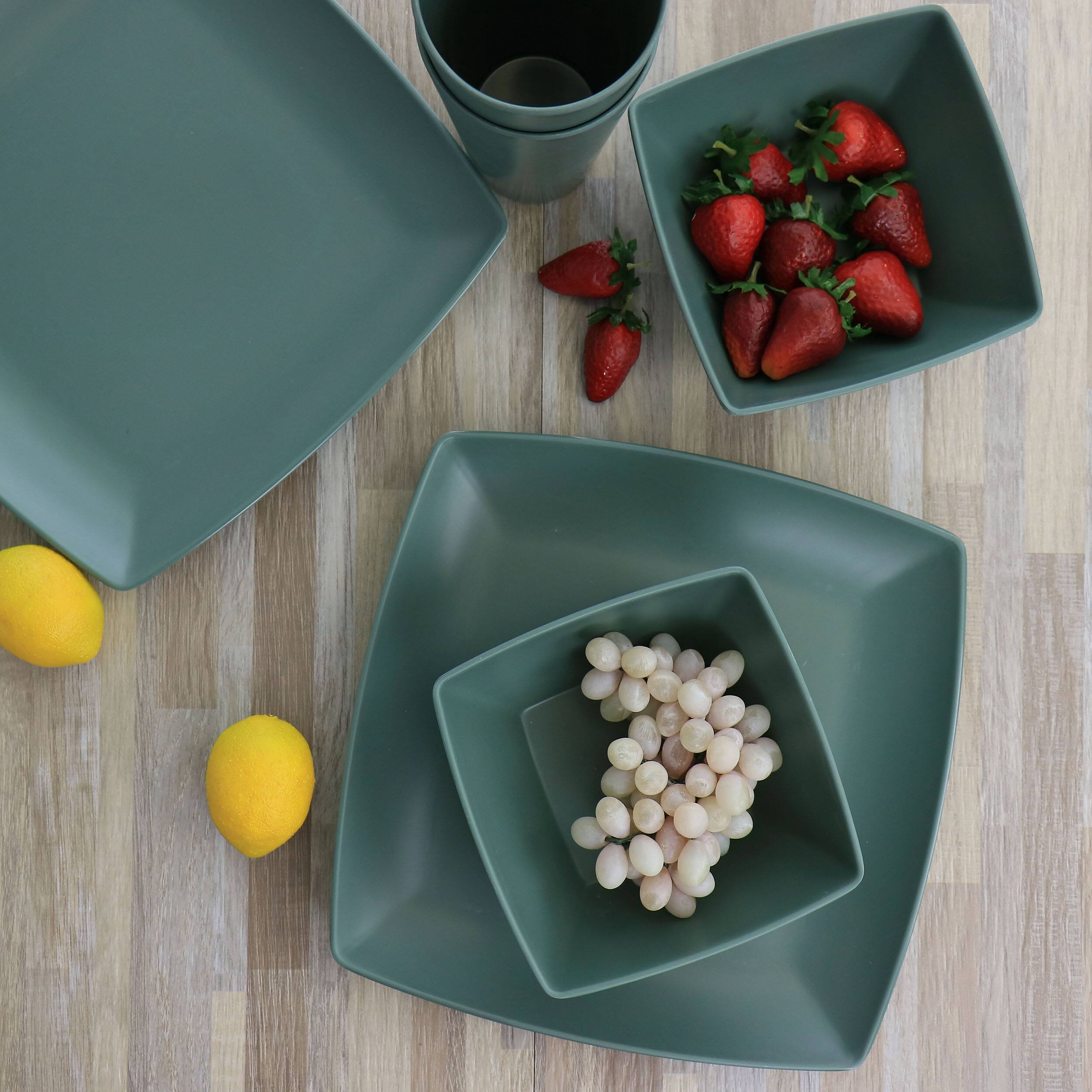 Alt View 7. Gibson - Gibson Home Grayson Melamine 12 Piece Square Dinnerware Set in Green - Green.