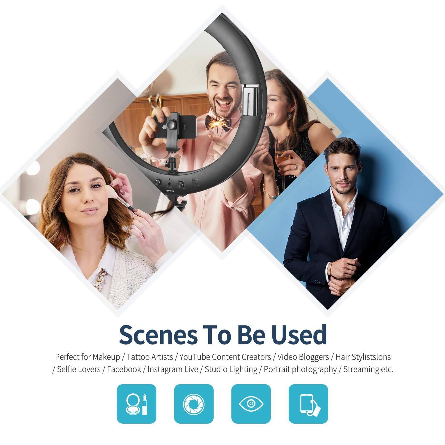 Scenes To Be Used

Perfect for Makeup/Tattoo Artists/YouTube Content Creators/Video Bloggers/Hair Stylists/Selfie Lovers/Facebook/Instagram Live/Studio Lighting/Portrait photography/Streaming etc.
