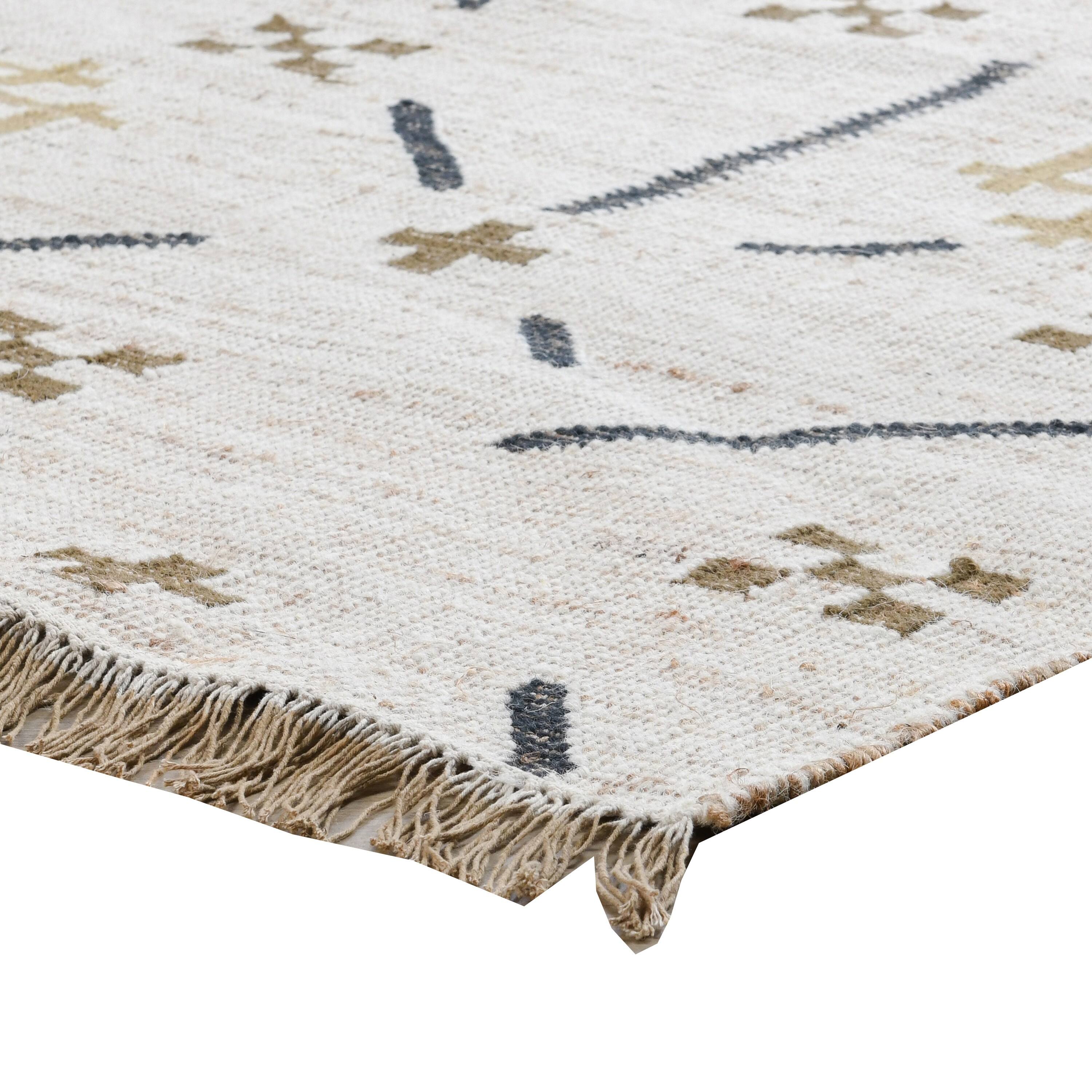 Angle. Manhattan Lane - Hallway Runner Rug, Handwoven Traditional Tassels - Ivory, Black, Yellow.