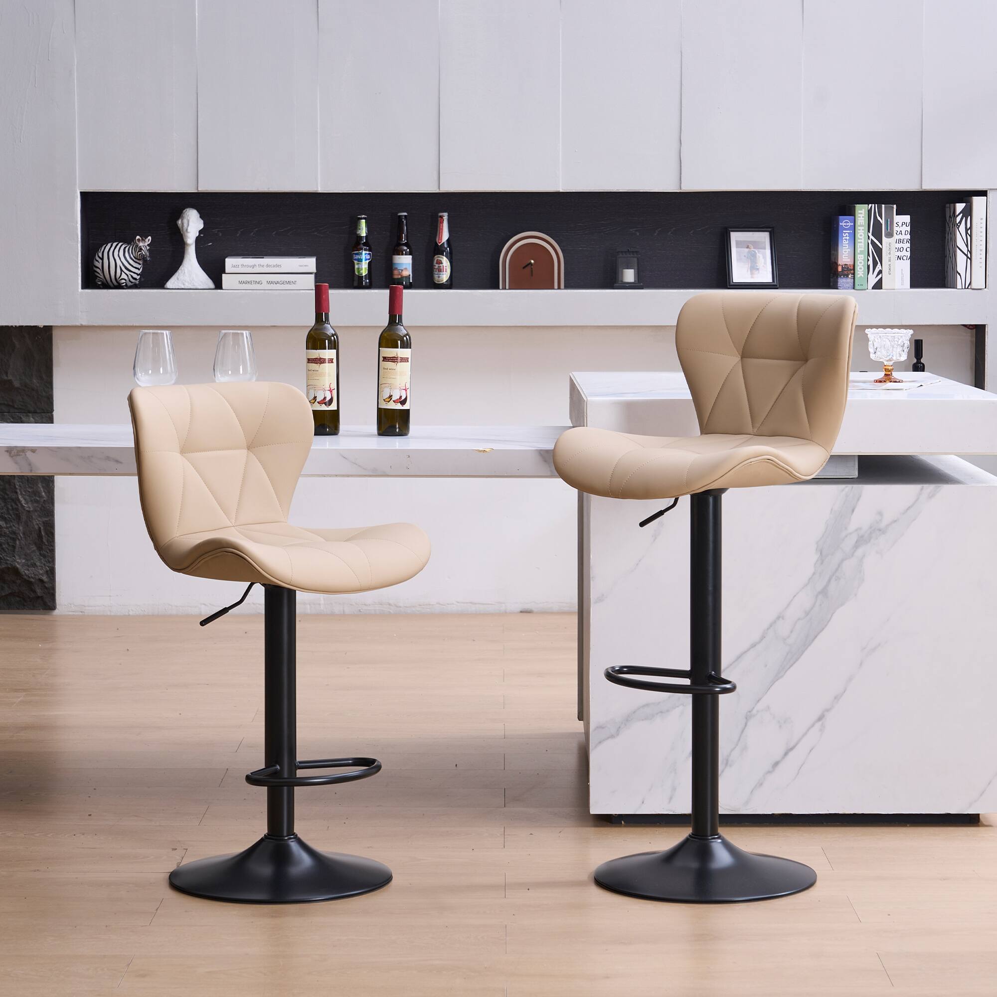 Angle. FERPIT - FERPIT Set of 2 Modern Adjustable Height Bar Stools Padded PU Leather Swivel Stools, Khaki - Khaki.