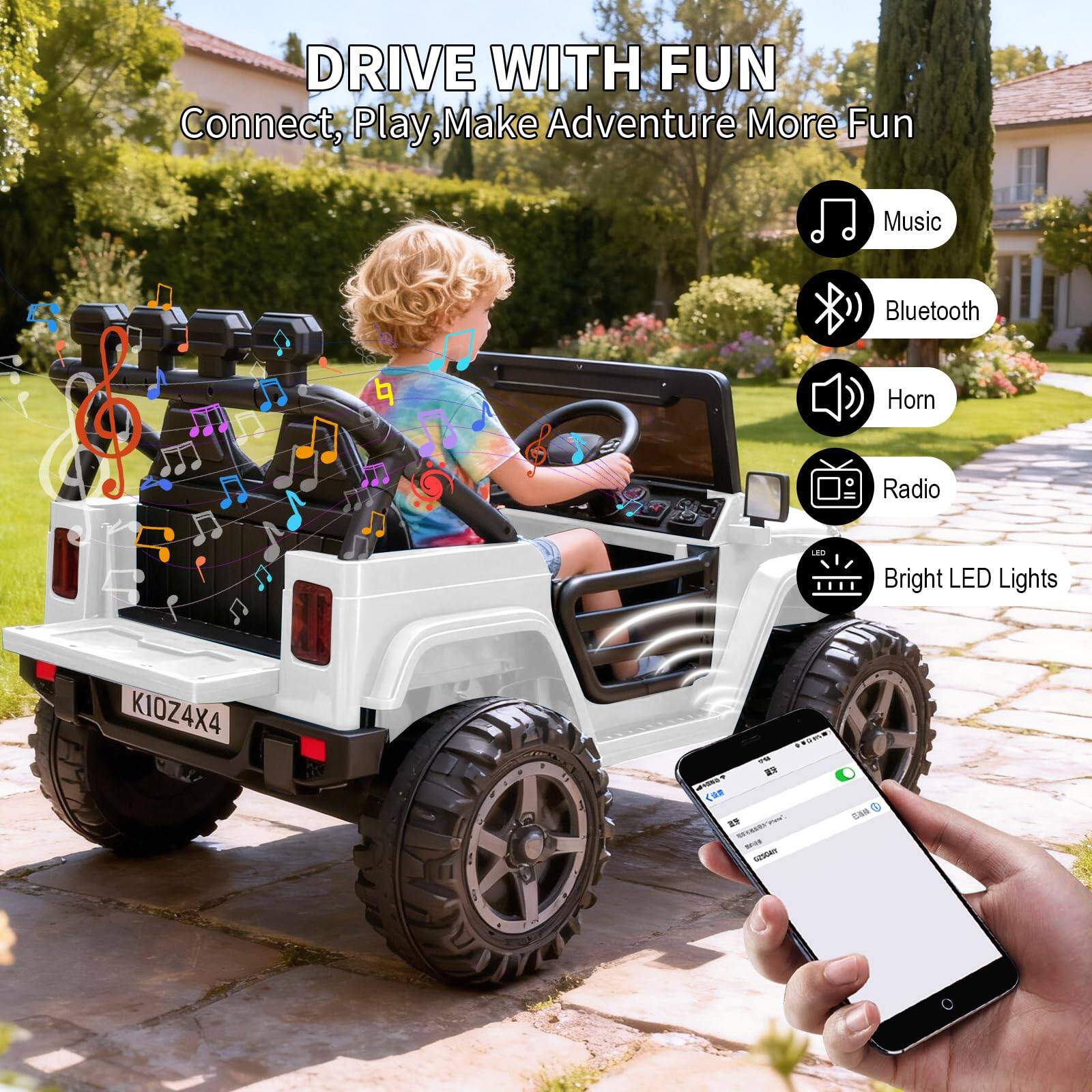 DRIVE WITH FUN  
Connect, Play, Make Adventure More Fun

- Music
- Bluetooth
- Horn
- Radio
- Bright LED Lights

K10Z4X4