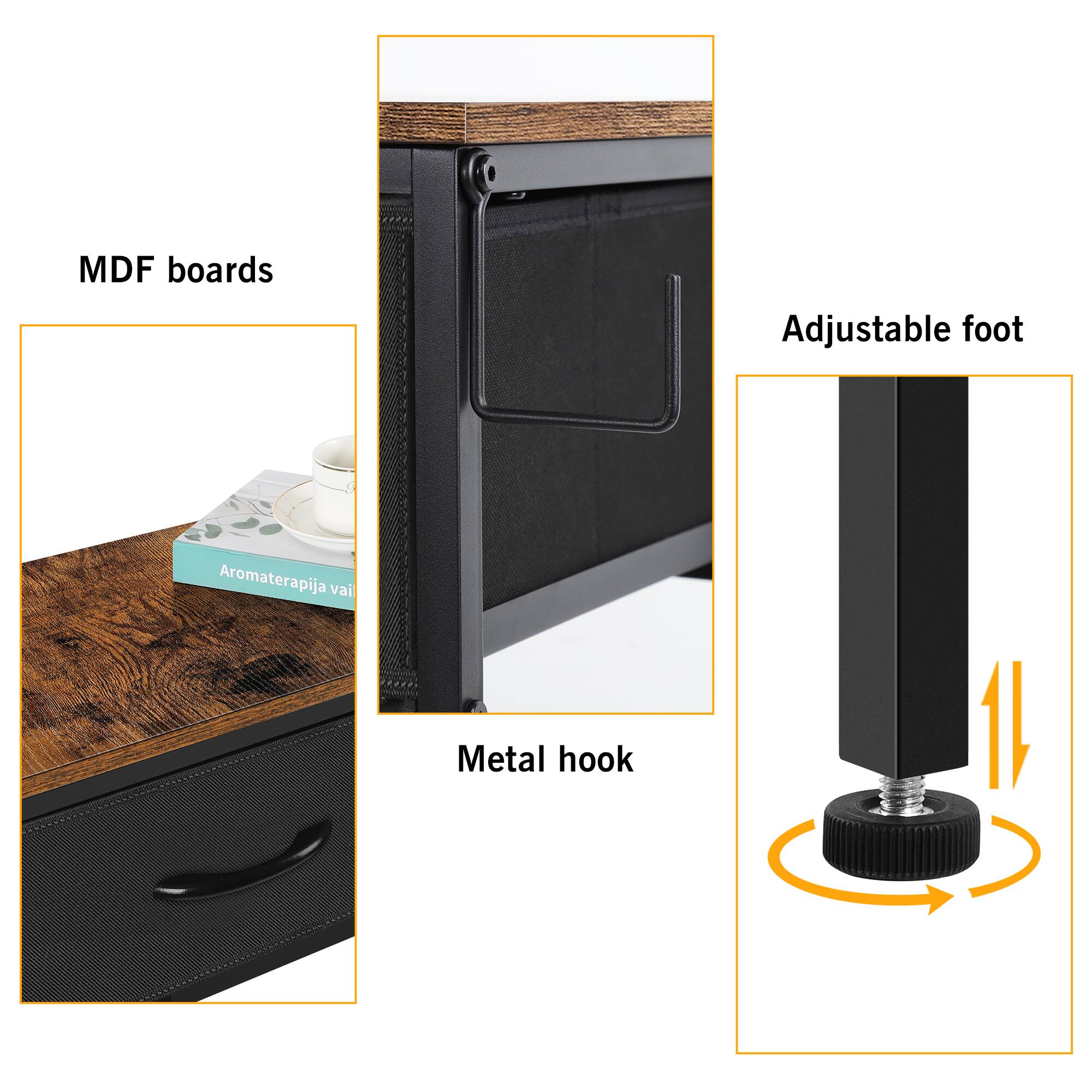 MDF boards  
Adjustable foot  
Aromaterapija vai  
Metal hook