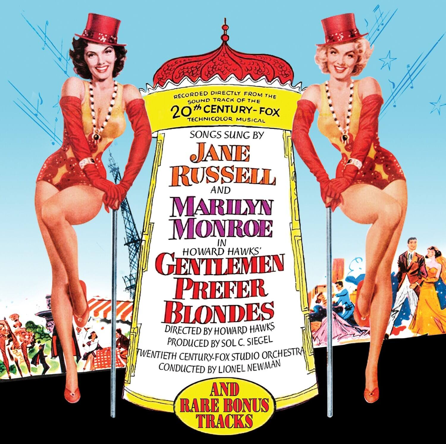 RECORDED DIRECTLY FROM THE SOUND TRACK OF THE TWENTIETH-CENTURY-FOX 20TH TECHNICOLOR MUSICAL  
SONGS SING BY JANE RUSSELL AND MARILYN MONROE IN HOWARD HAWKS' GENTLEMEN PREFER BLONDES  
DIRECTED BY HOWARD HAWKS  
PRODUCED BY SOL C. SIEGEL  
TWENTIETH CENTURY-FOX STUDIO ORCHESTRA CONDUCTED BY LIONEL NEWMAN  
AND RARE BONUS TRACKS