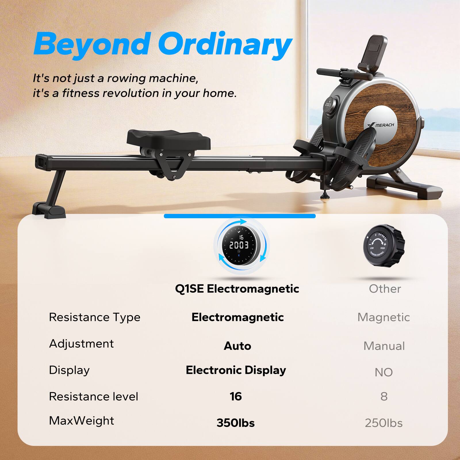 Beyond Ordinary  
It's not just a rowing machine, it's a fitness revolution in your home.

MERACH  
a 2003  
JASSYN at KDI  
Q1SE Electromagnetic

Resistance Type  
Electromagnetic  
Other  
Magnetic

Adjustment  
Auto  
Manual

Display  
Electronic Display  
NO

Resistance level  
16  
8

MaxWeight  
350lbs  
250lbs