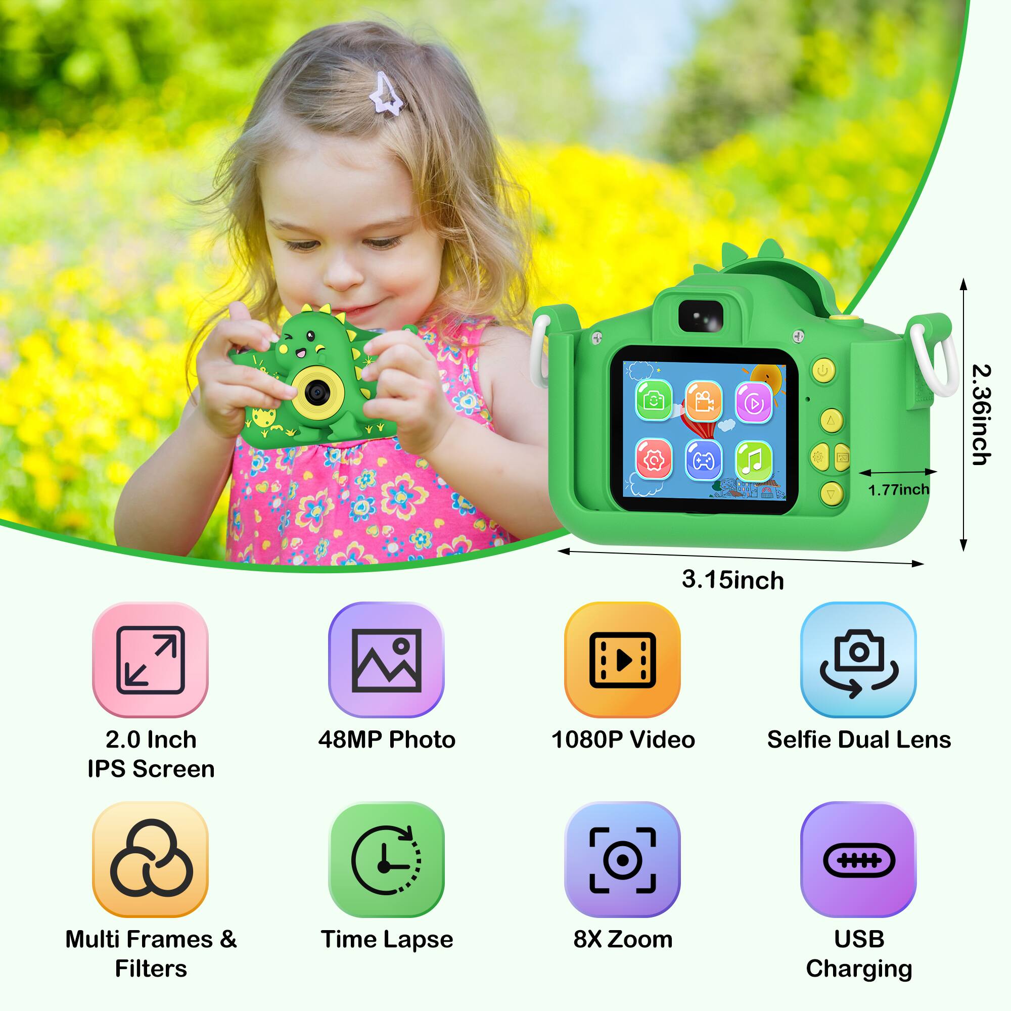 Group: Camera Features

* 48MP Photo
* 1080P Video
* Selfie Dual Lens
* Multi Frames & Filters
* Time Lapse
* 8X Zoom
* USB Charging

Corrected:
The image features a little girl holding a green camera with various camera features listed below it. These features include 48MP Photo, 1080P Video, Selfie Dual Lens, Multi Frames & Filters, Time Lapse, 8X Zoom, and USB Charging. The camera is designed to capture high-quality photos and videos, and its compact size makes it easy for the little girl to hold and use.
