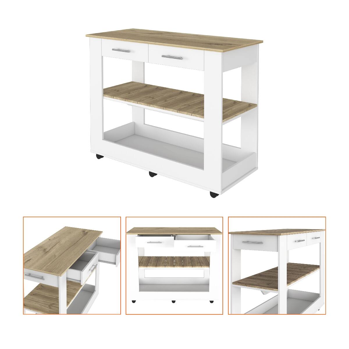 Alt View 4. Loheer - Loheer 46 inch kitchen island Mobile Kitchen Cart with Wheels Contemporary Engineered Wood - Multicolor.