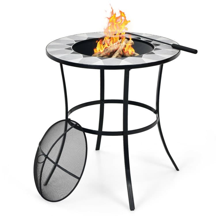 Mondawe - 23.5 Inches Round Fire Pit Table with Mesh Cover and Fire Poker - Black
